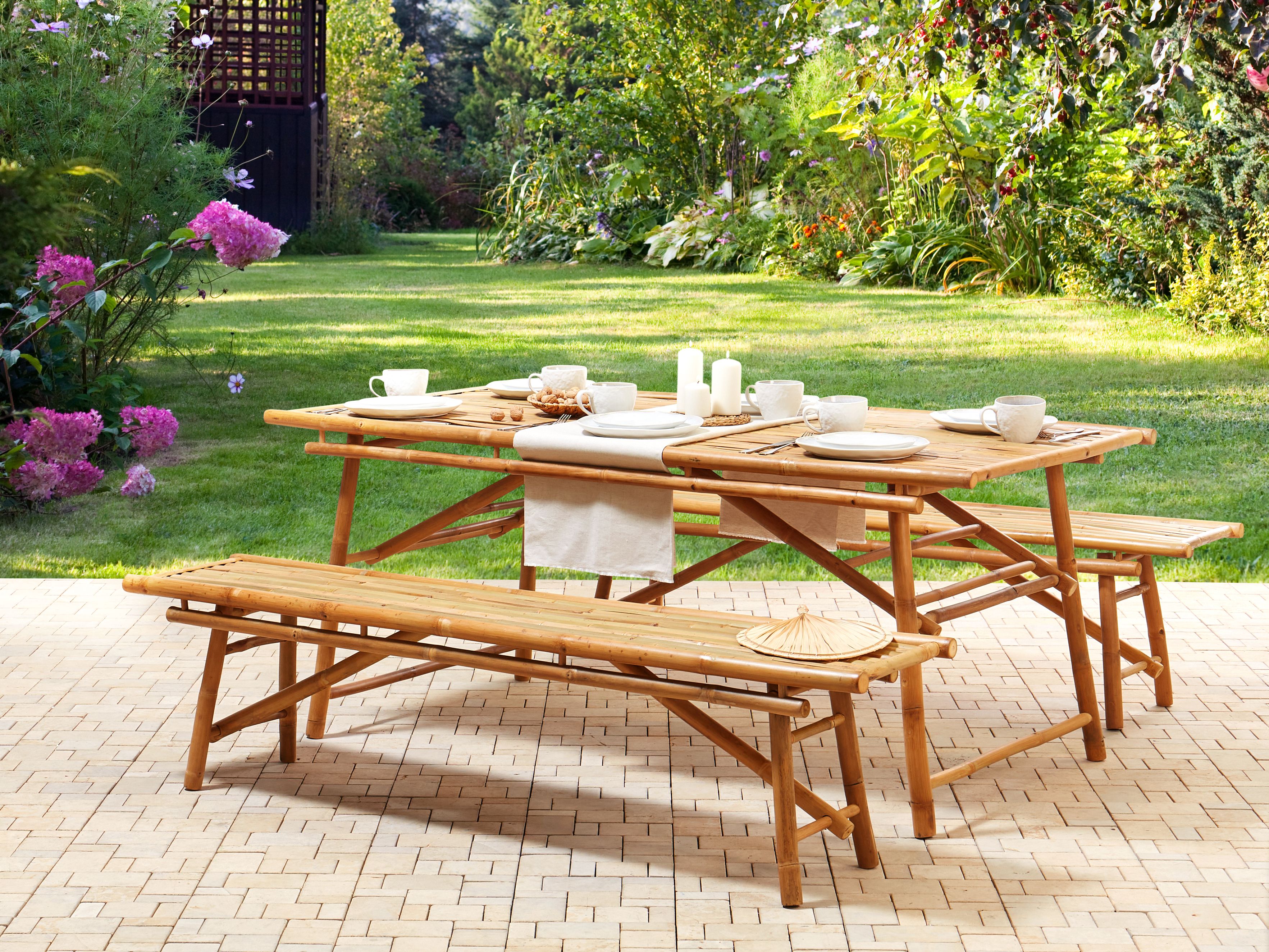Set of 2 Garden Benches TINDARI 180 cm Bamboo Light Brown