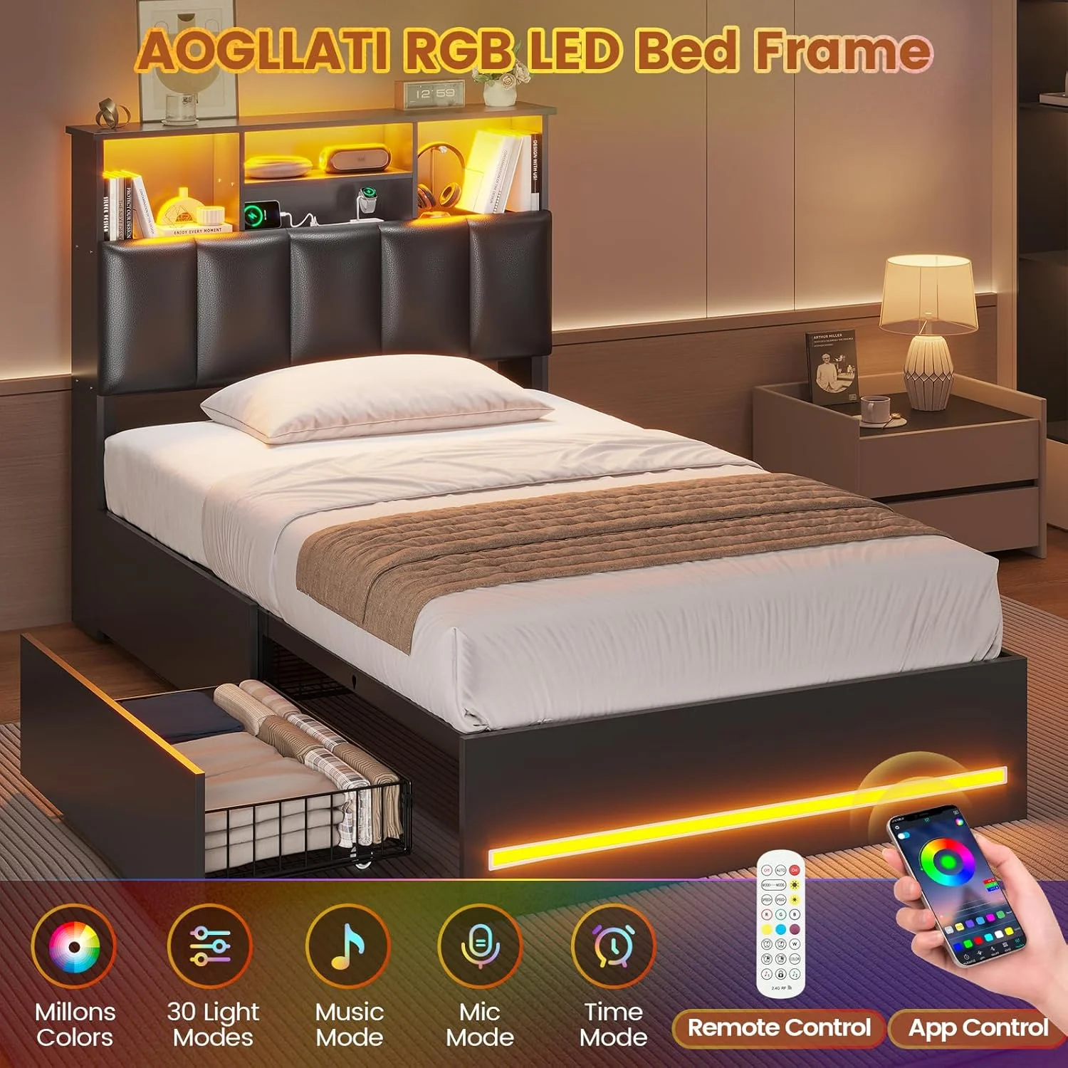 AOGLLATI Upholstered Platform Twin Bed with 4 Storage Drawers & Charging Station & LED Lights, Black - Image 2