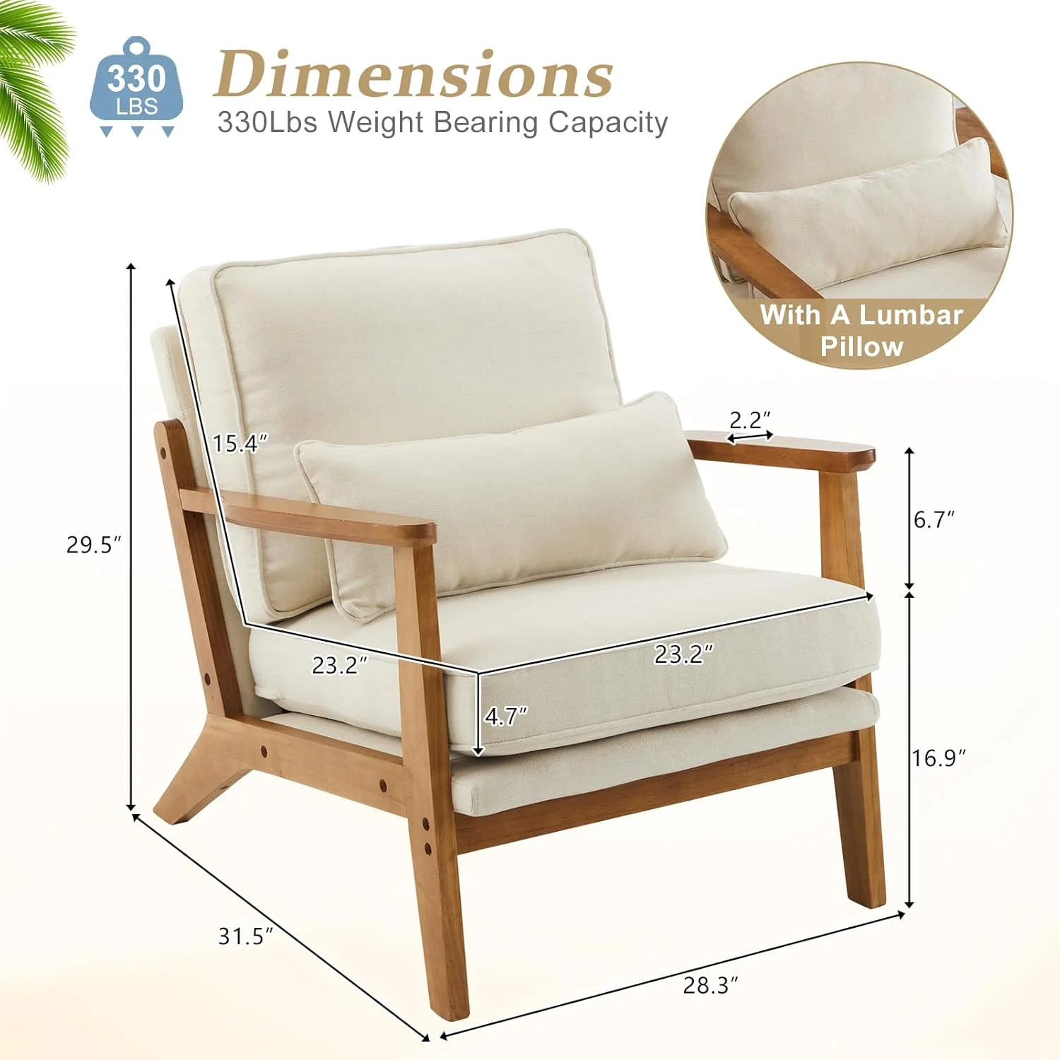 RWTFGV Solid Wood Wide Armrests Accent Chair,Upholstered Mid Century Modern Chair with Pillow,Comfy Reading Chair Farmhouse Arm Chair,Chairs Living Room,Bedroom,Guest Room,Linen Fabric,Beige