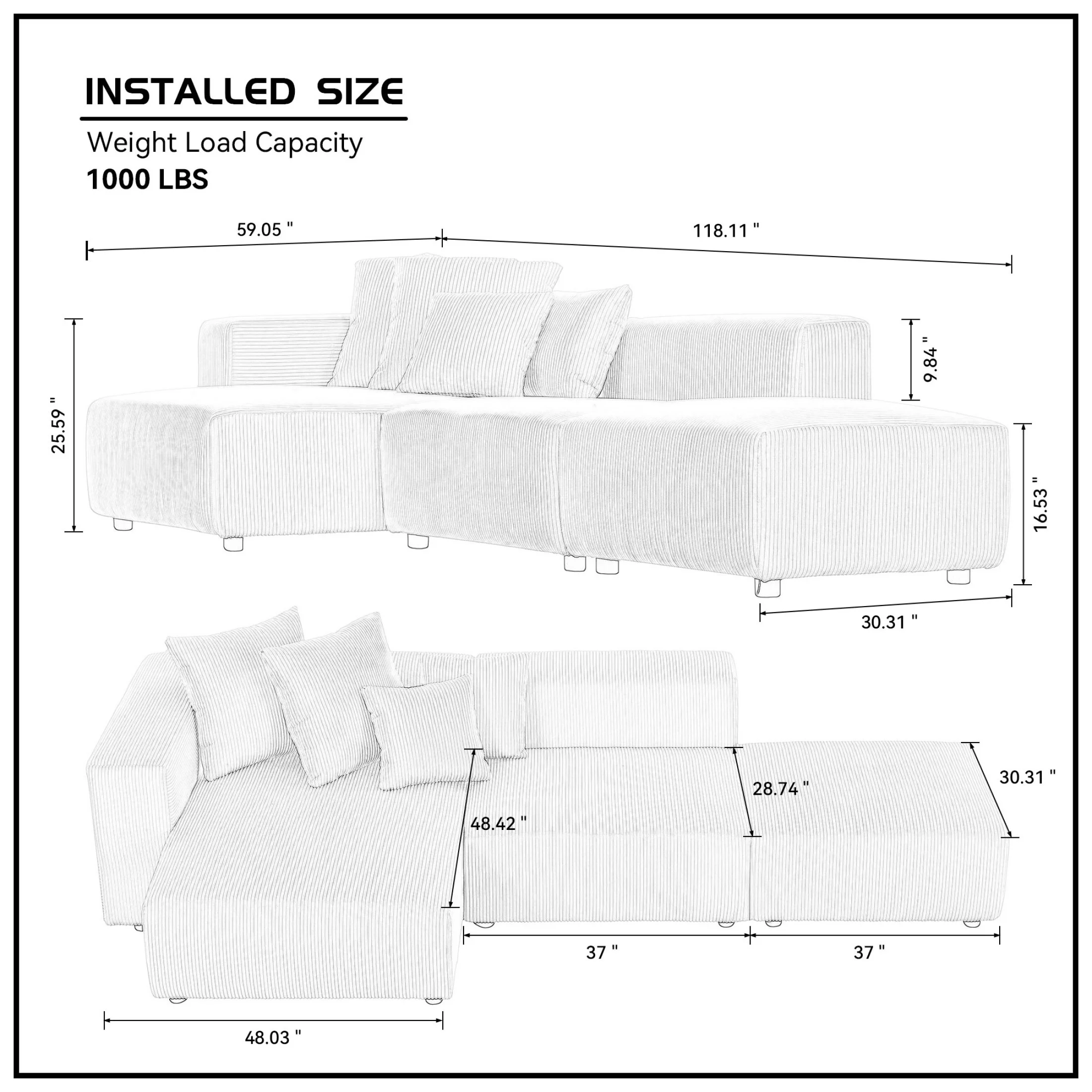 Newboti Furniture Soft Corduroy Sectional Modular Sofa Set, Small L-Shaped Chaise Couch for Living Room, Apartment, Office, Beige 25673 - Image 2