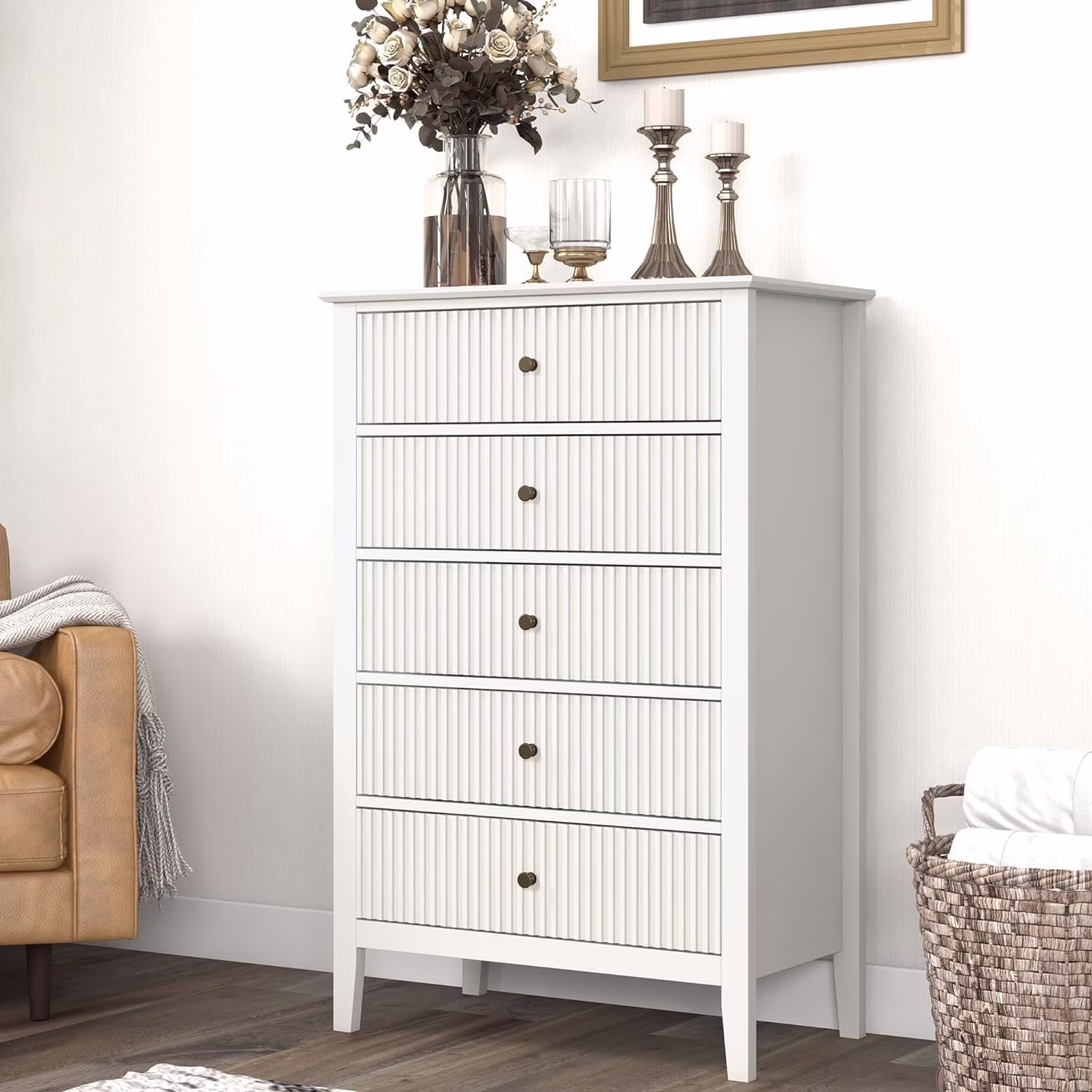 Heynemo Beige 6 Drawer Dresser, Fluted Modern Wood Chest - Image 11