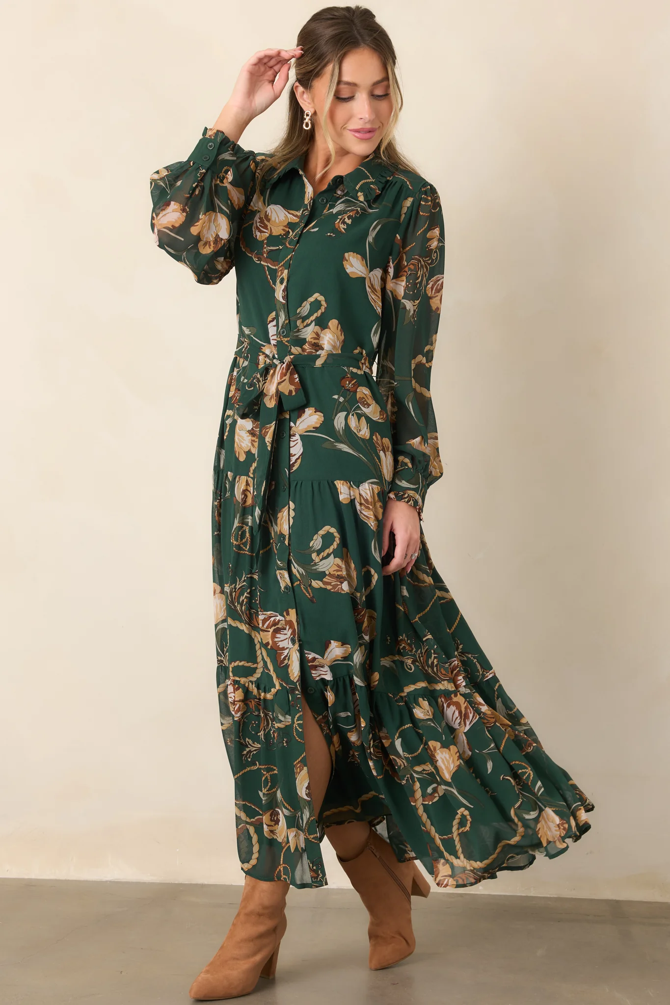 Weekend at the Manor Forest Green Floral Rope Print Tie-Waist Maxi Dress