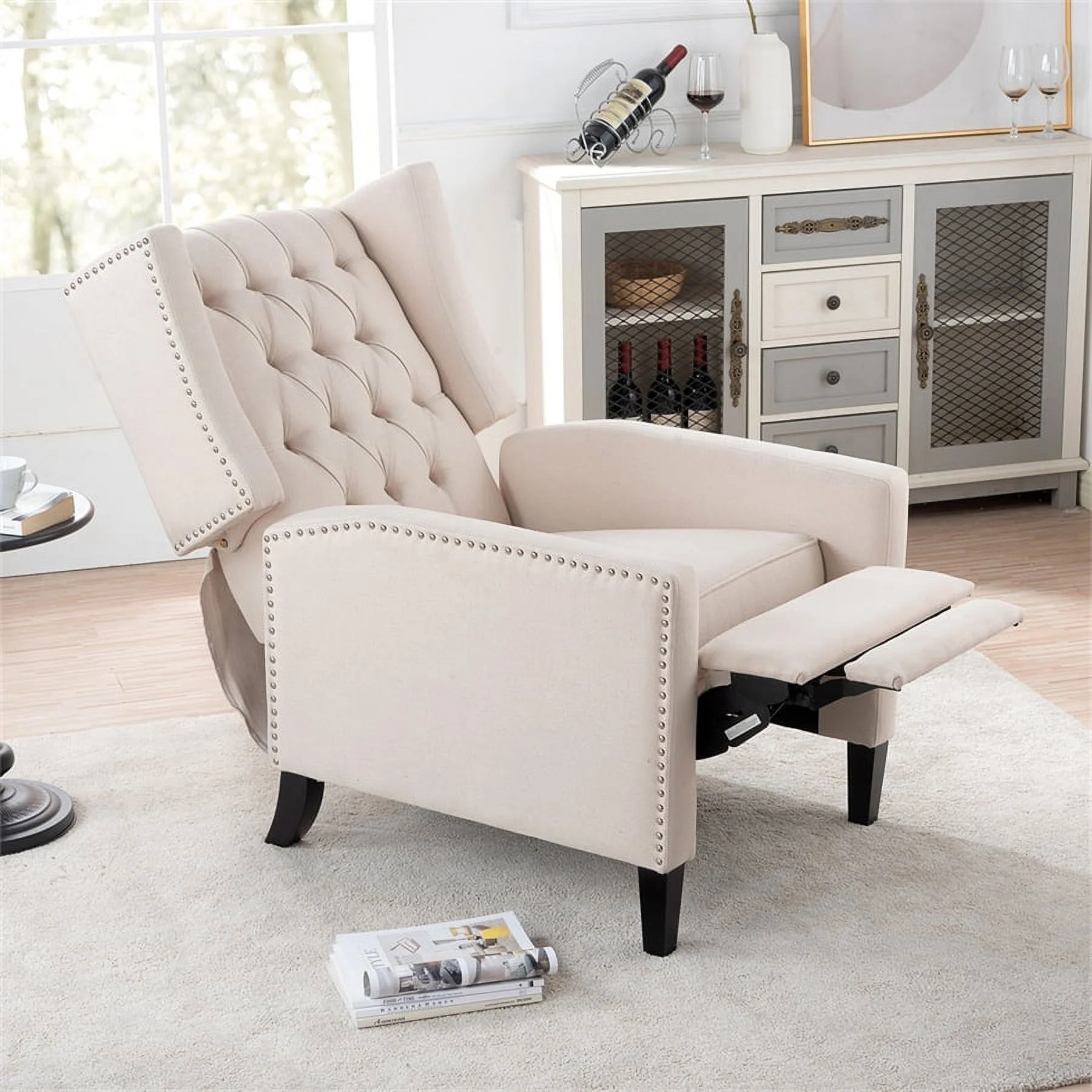 Triple Tree Modern Fabric Foam Wood Solid Print Nailhead Trim Accent Chair, Beige - Image 2