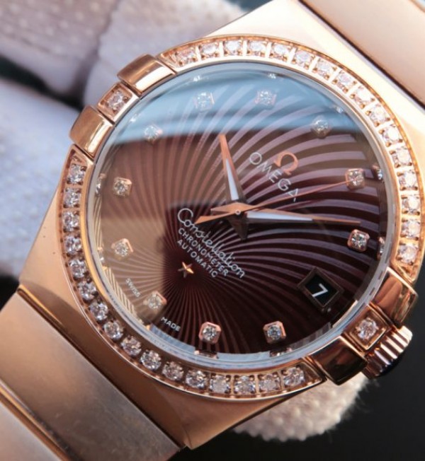 Replica Omega V6 Constellation Diamonds Bezel Brown Textured Dial RG Case A2500 - Elite Watch Atelier