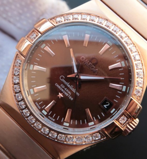 Replica Omega V6 Constellation Diamonds Bezel RG Case Brown Dial A2500 - Elite Watch Atelier