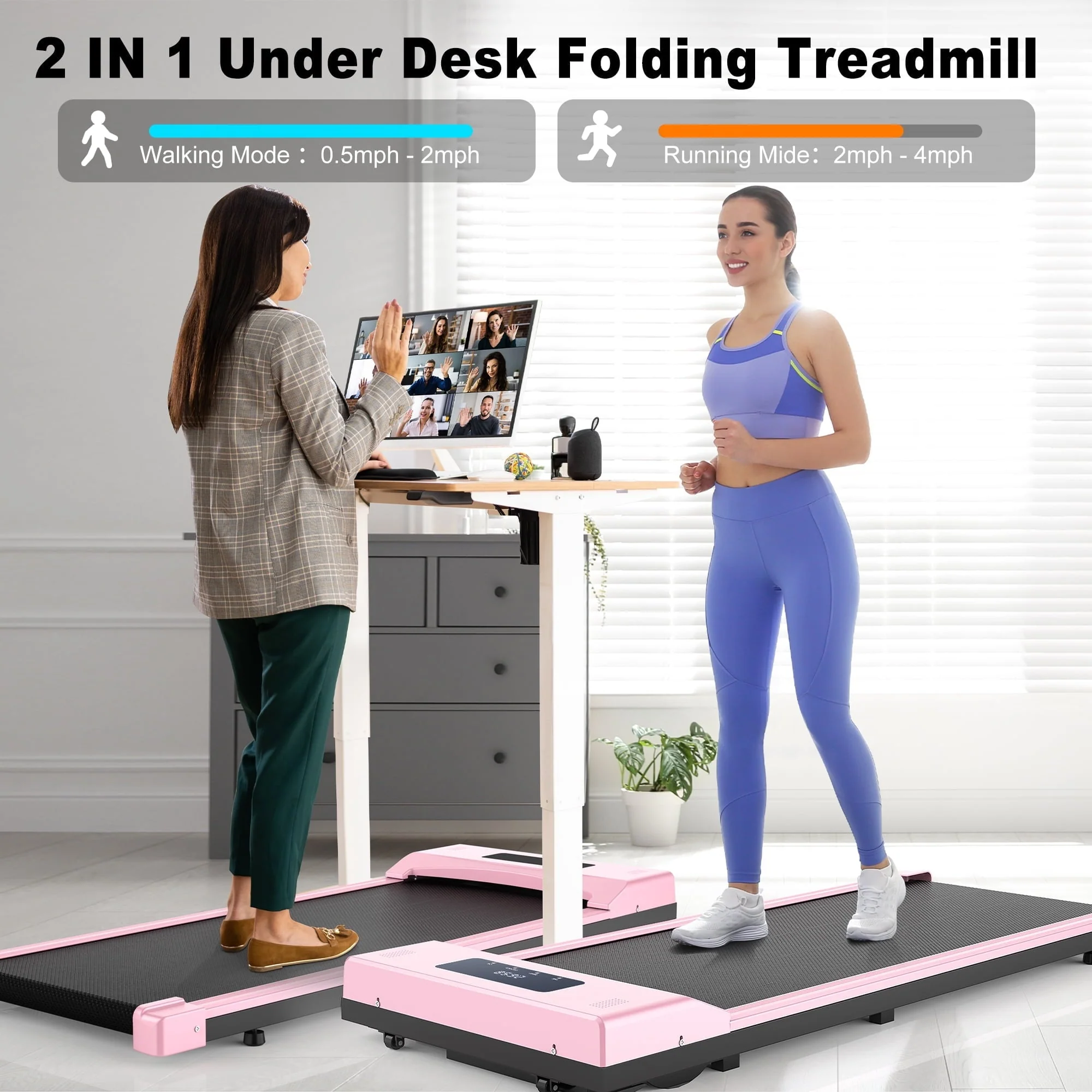 Adnoom Under Desk Treadmill,2.5HP Installation-Free Slim Flat Compact Treadmill,Electric Quiet Walking Treadmill with LED Display and Wireless Remote Control for Home/Office (pink)
