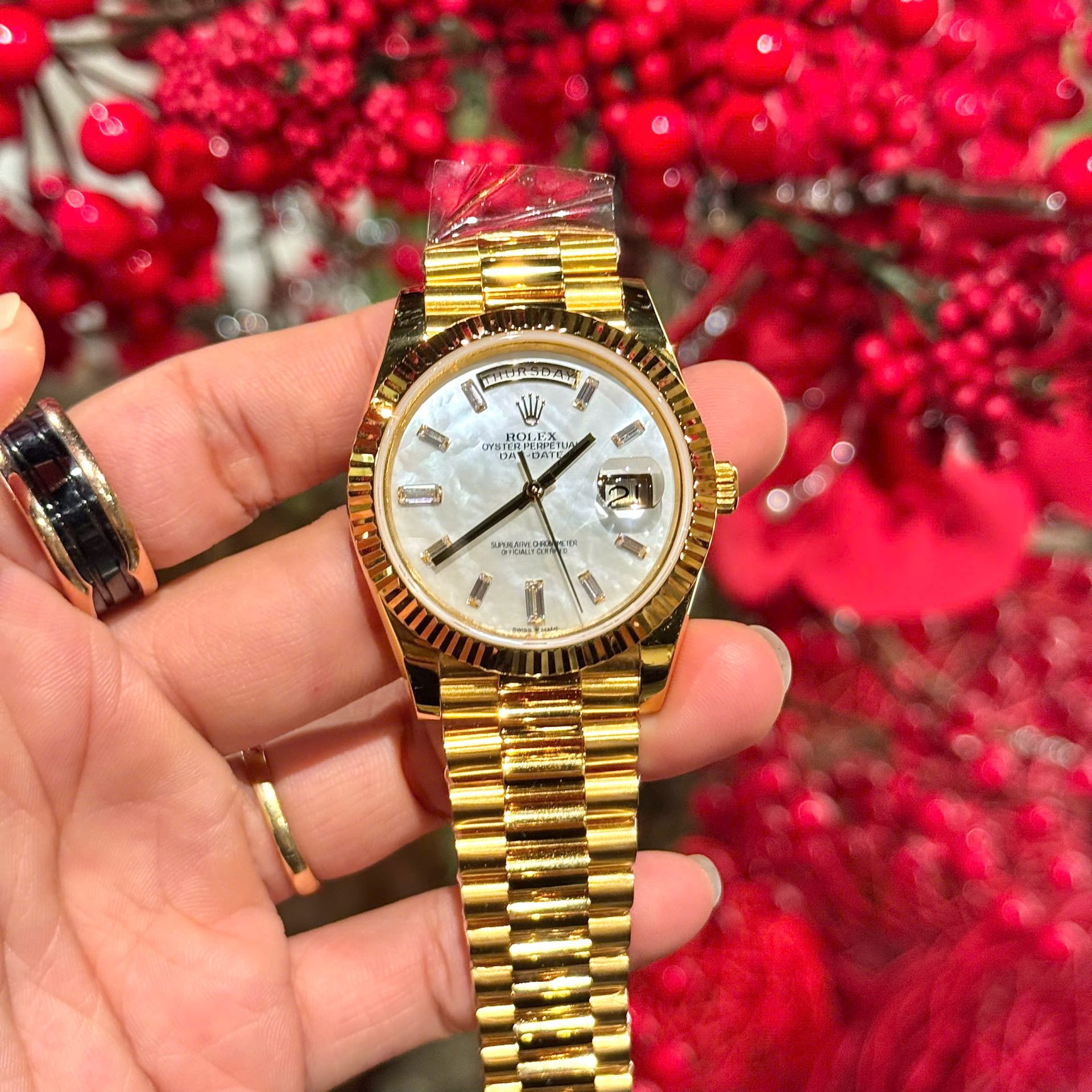 Rolex Refined Mother Of Pearl   Moissanite Diamonds Dial 18K Gold Wrapped GMF 40mm - Elite Watch Atelier