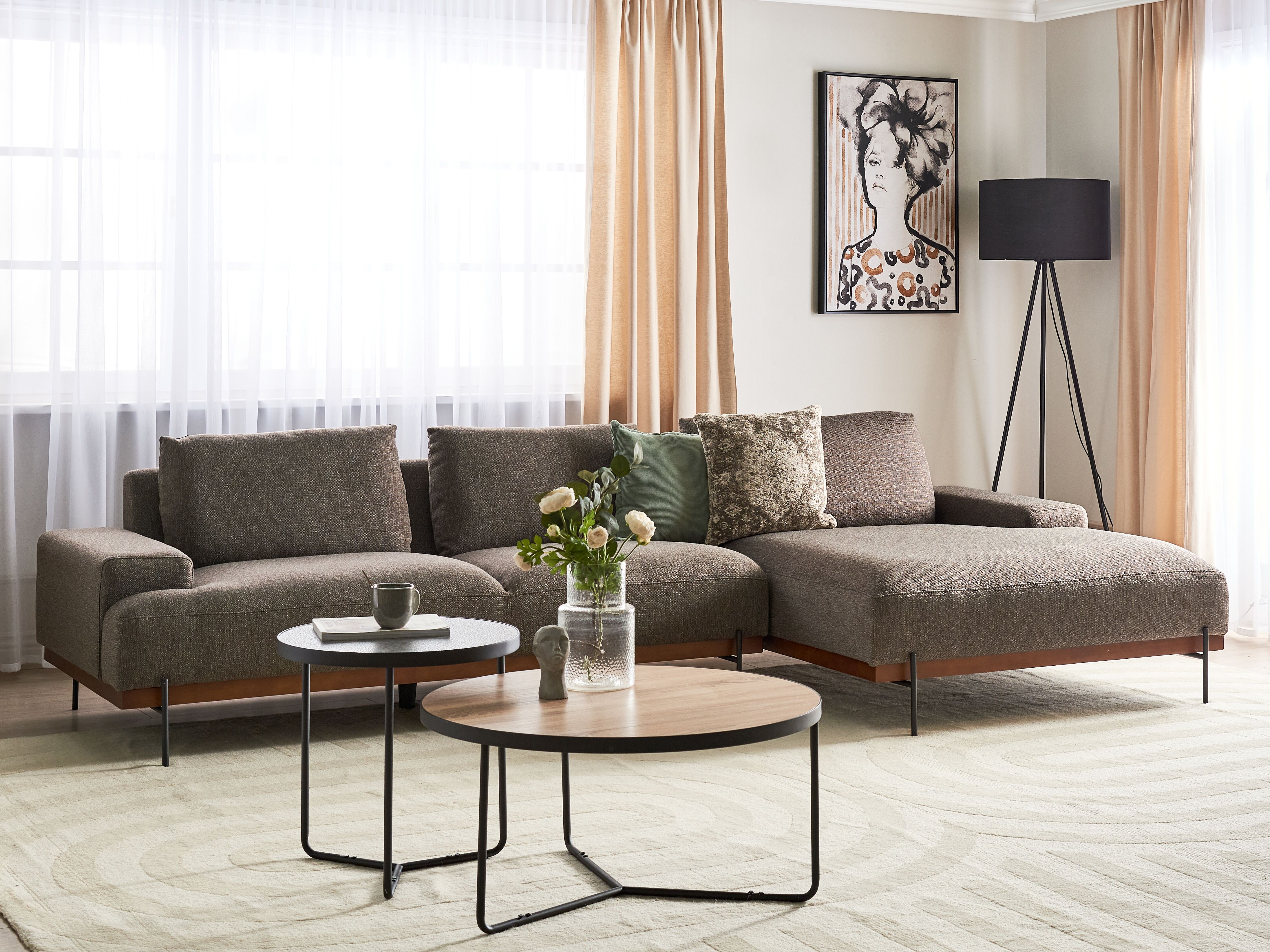 Corner Sofa 4 Seater MARIFERD Fabric Brown Left Hand