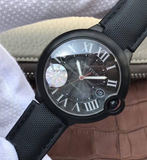 Replica Cartier JF Ballon Bleu 42mm DLC All Black Black Textured Dial Leather Strap A1847 - Elite Watch Atelier