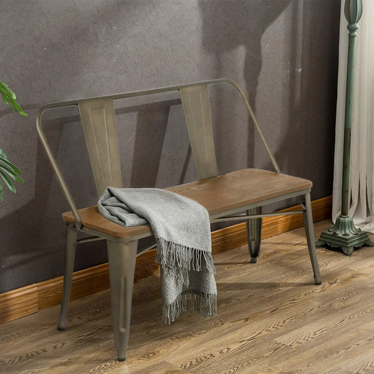 MELLCOM Metal Bench Industrial Mid-Century 2 Person Chair with Wood Seat,Dining Bench with Floor Protector
