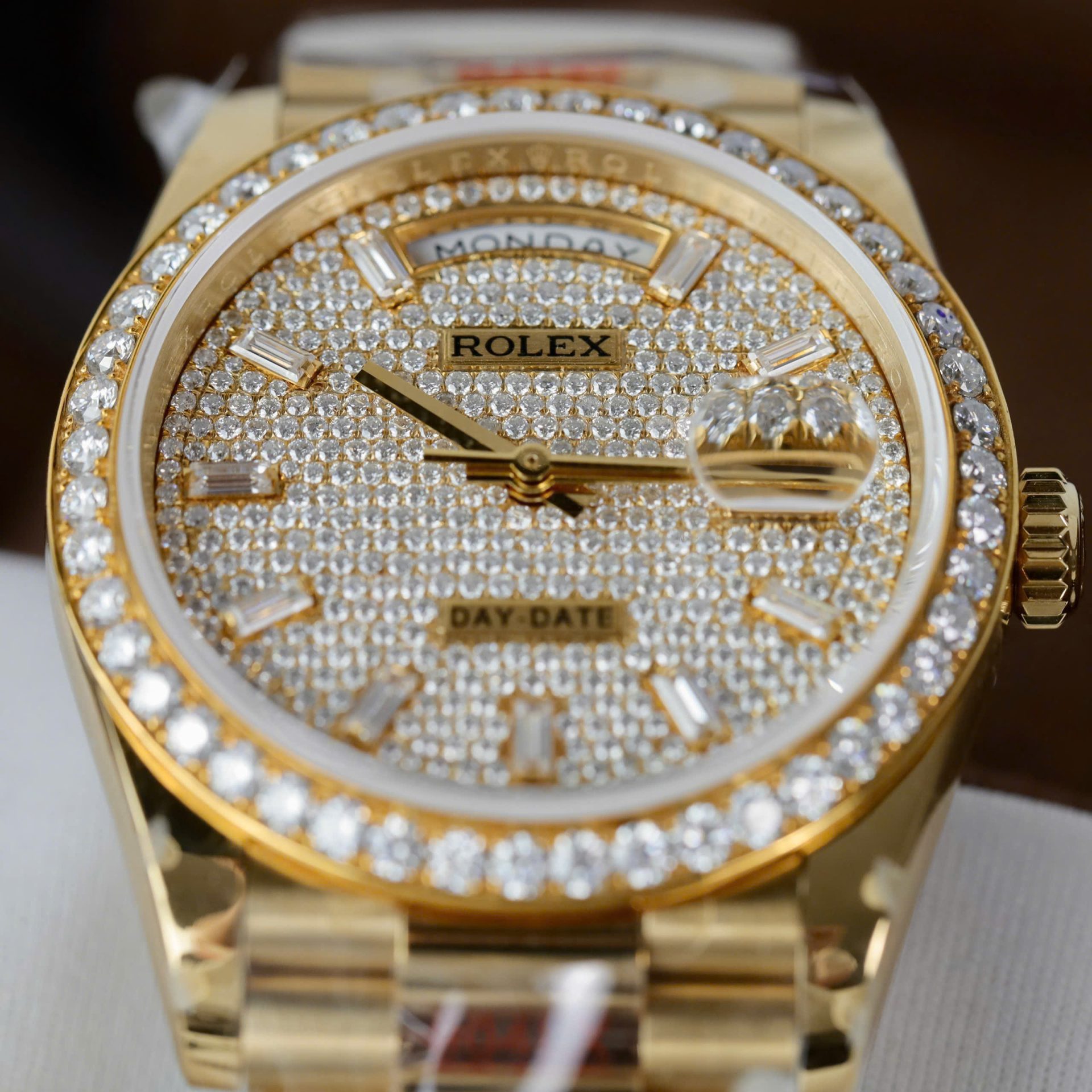 Rolex Day-Date Best Copies Watch 18K Gold Wrapped + Moissanite Diamonds Weight 159Gram QF 36mm - Elite Watch Atelier