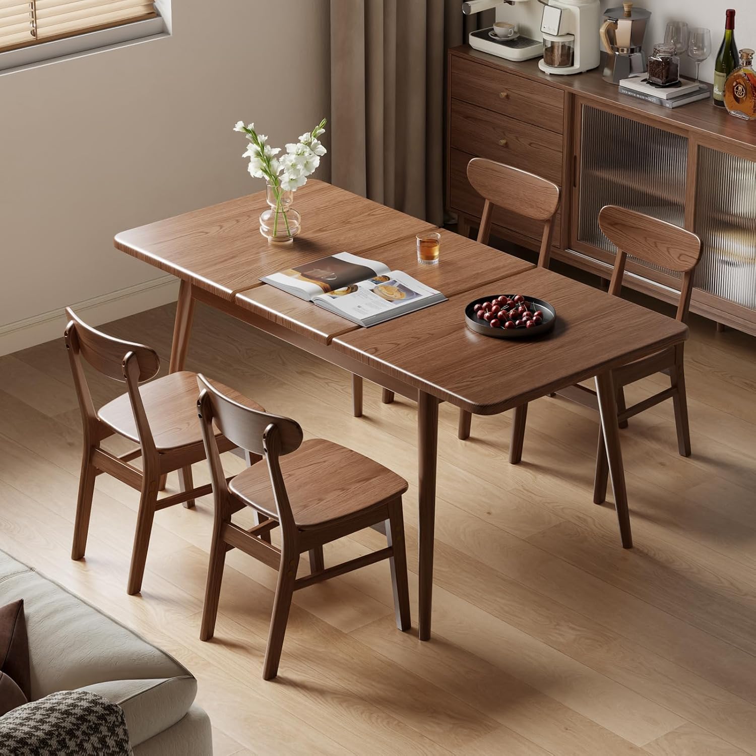 Solid Wood Extendable Dining Table for 4-8 People with Seamless Extension from 47.2 to 63 Inches, Easy Assembly, Expandable Tables for Small Spaces, Dining Room, Kitchen, Living Room, Walnut