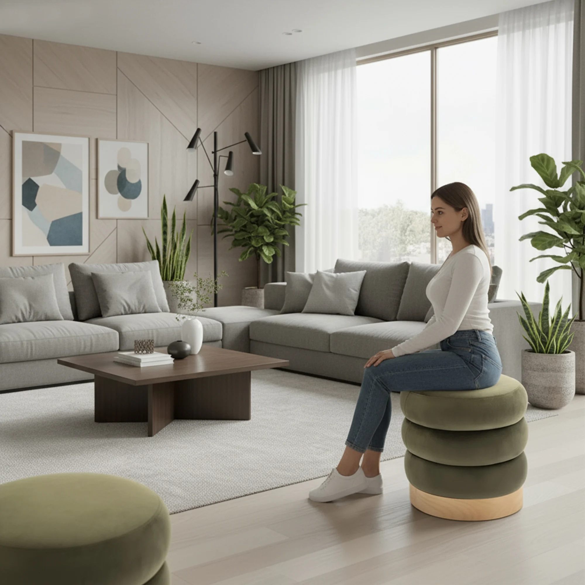COLAMY Round Velvet Ottoman Stool with Tufted Upholstery and Solid Wood Base, Multi-Purpose Footrest or Accent Table for Bedroom, Living Room, Vanity, Green