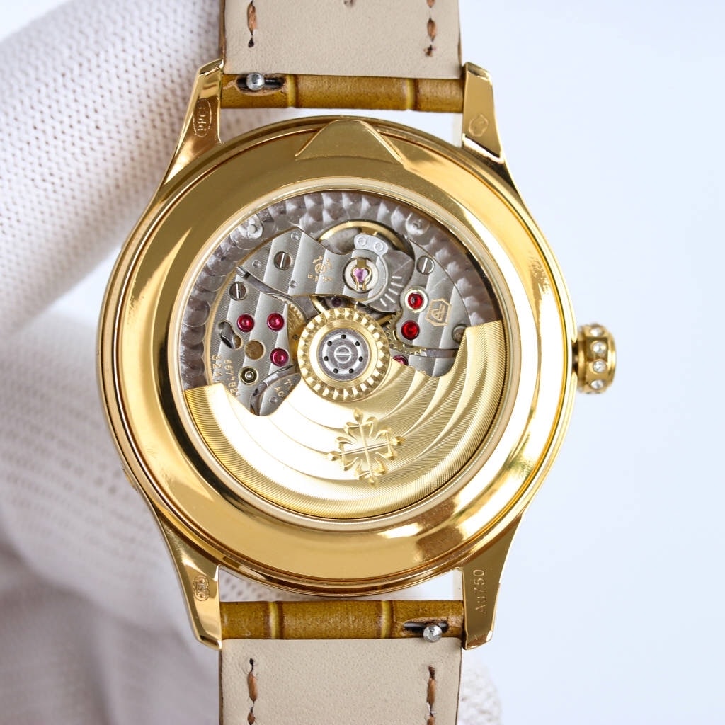 Fake diamond Watch Patek Philippe Replica 4936J-001 Complications Ladies Annual Calendar Moon Phase 37mm White Mother of Pearl Roman Diamond Bezel Yellow Gold Leather Date(1:1 replica) - Elite Watch Atelier