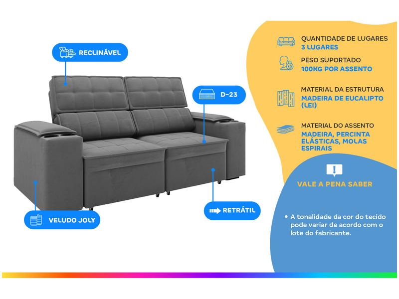 Sofá Retrátil Reclinável 3 Lugares Veludo Joly Cancún Gralha Azul Estofados