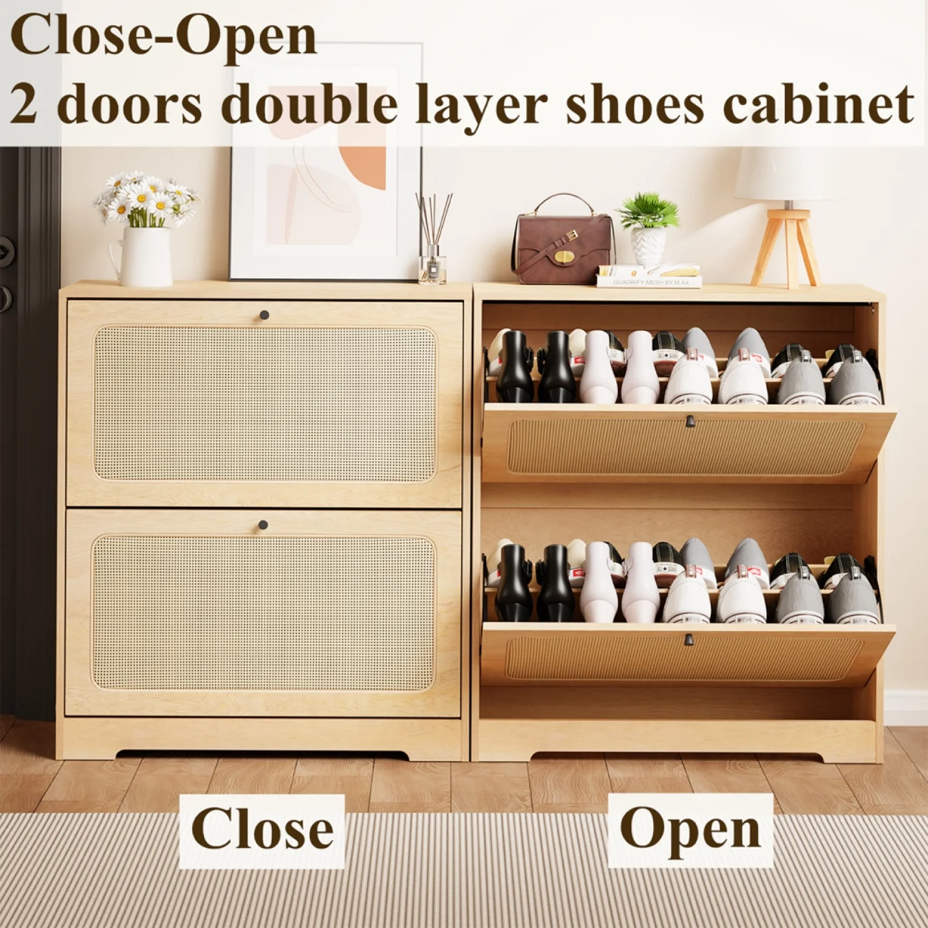 Hommpa Rattan Shoe Cabinet with 2 Flip Drawers & Adjustable Shelves 5 Tier Freestanding Tipping Bucket Shoes Storage Closet for 16 Pairs Narrow Console Table Modern Boho Entryway Shoe Rack Organizer
