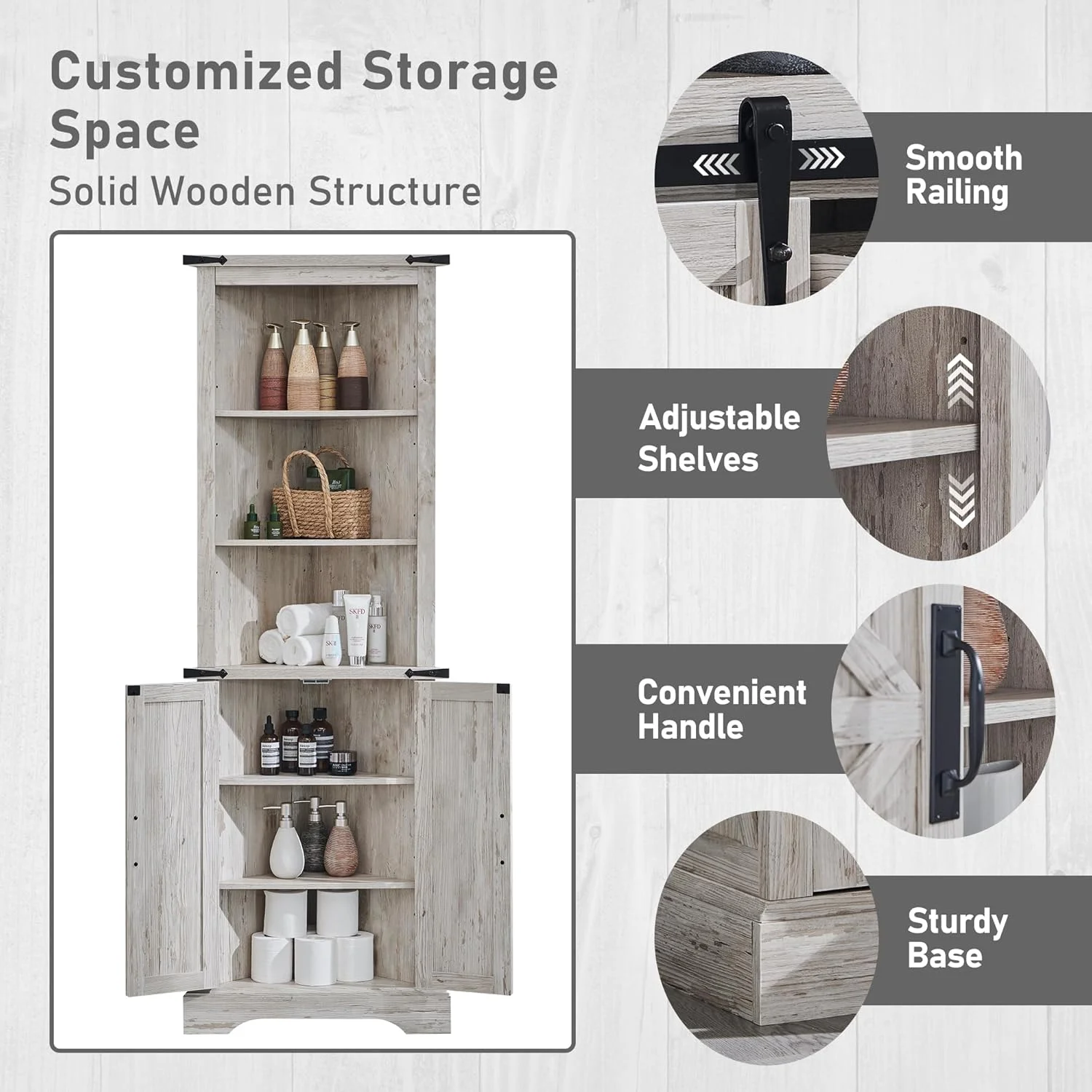OKD Farmhouse Tall Corner Cabinet with Barn Door & Adjustable Shelves, 68" Rustic Wood Corner Cabinet with Storage Cabinet for Bathroom, Kitchen, Antique White - Image 36