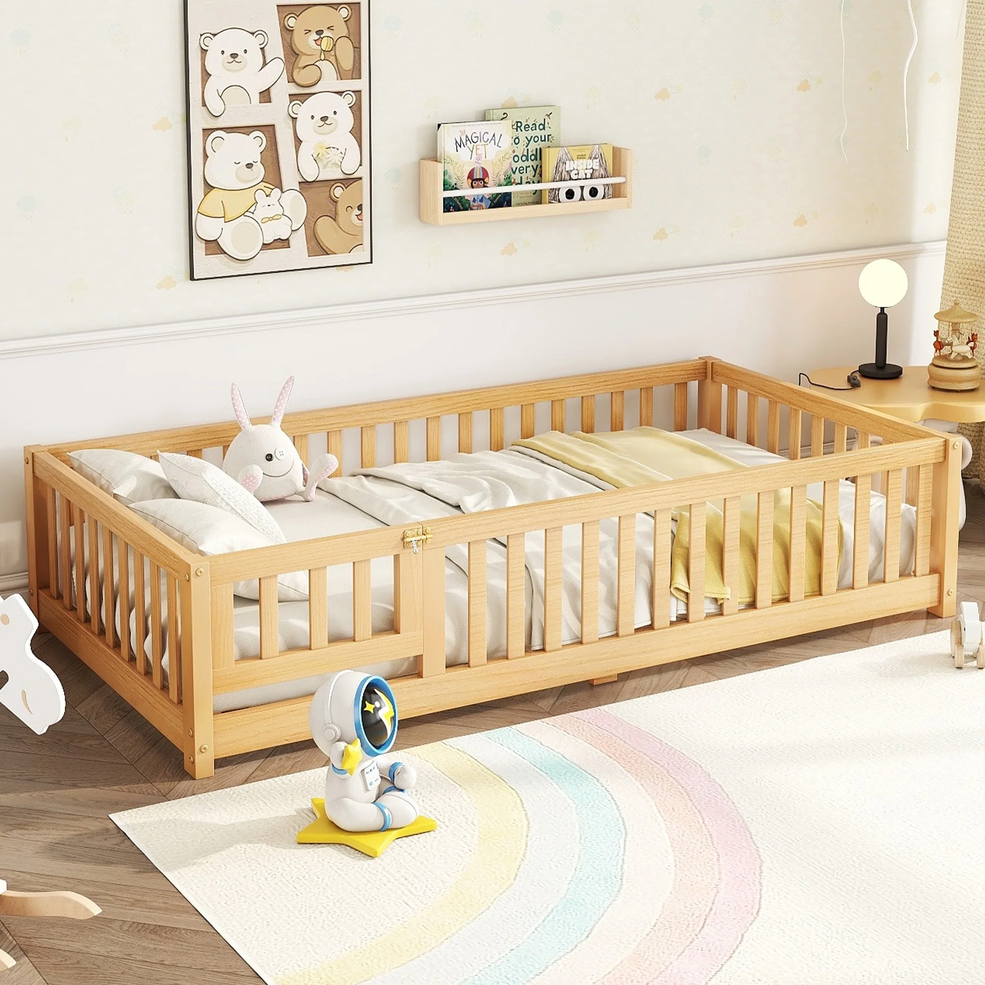 Bellemave Full Size Floor Bed with Door and Fence Floor Bed with Bed Slats Sturdy Wood Floor Bed Montessori Bed Frame (Full, Pink) - Image 17
