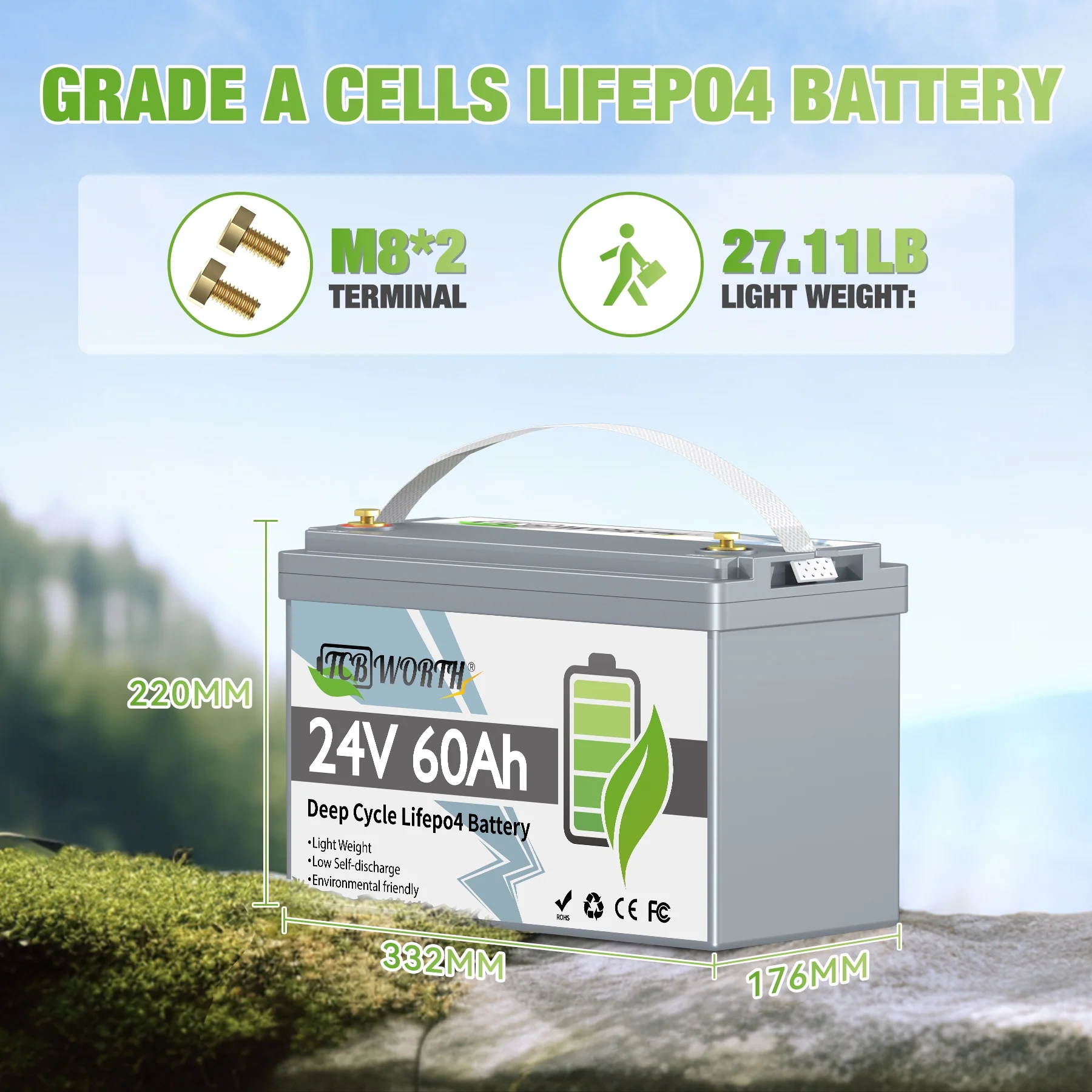 24V 60AH LiFePO4 Battery,TCBWORTH Lithium Batteries for RV,Solar,Marine,Trolling Motor,off-Grid,Home Energy Storage,Fishing Finder,Group 31 Battery,15000+ Deep Cycles