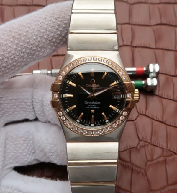 Replica Omega V6 Constellation 35mm Diamonds Bezel Black Dial SS Bracelet A2500 - Top club