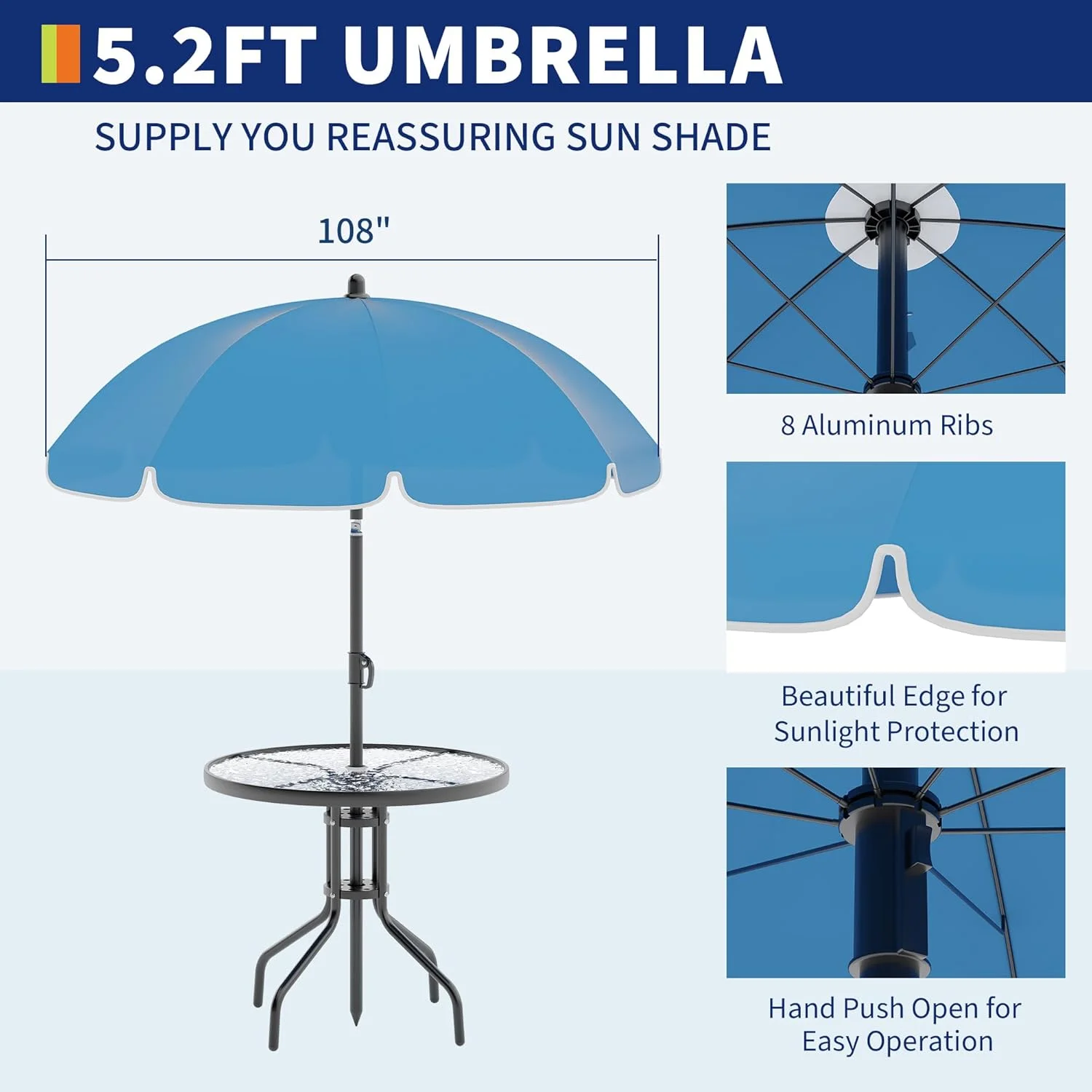6 Pieces Outdoor Dining Set With Umbrella, Patio Table and 4 Folding Chairs With Umbrella, Garden Patio Furniture Set With Umbrellas, Tempered Glass Top Dining Table - Image 13