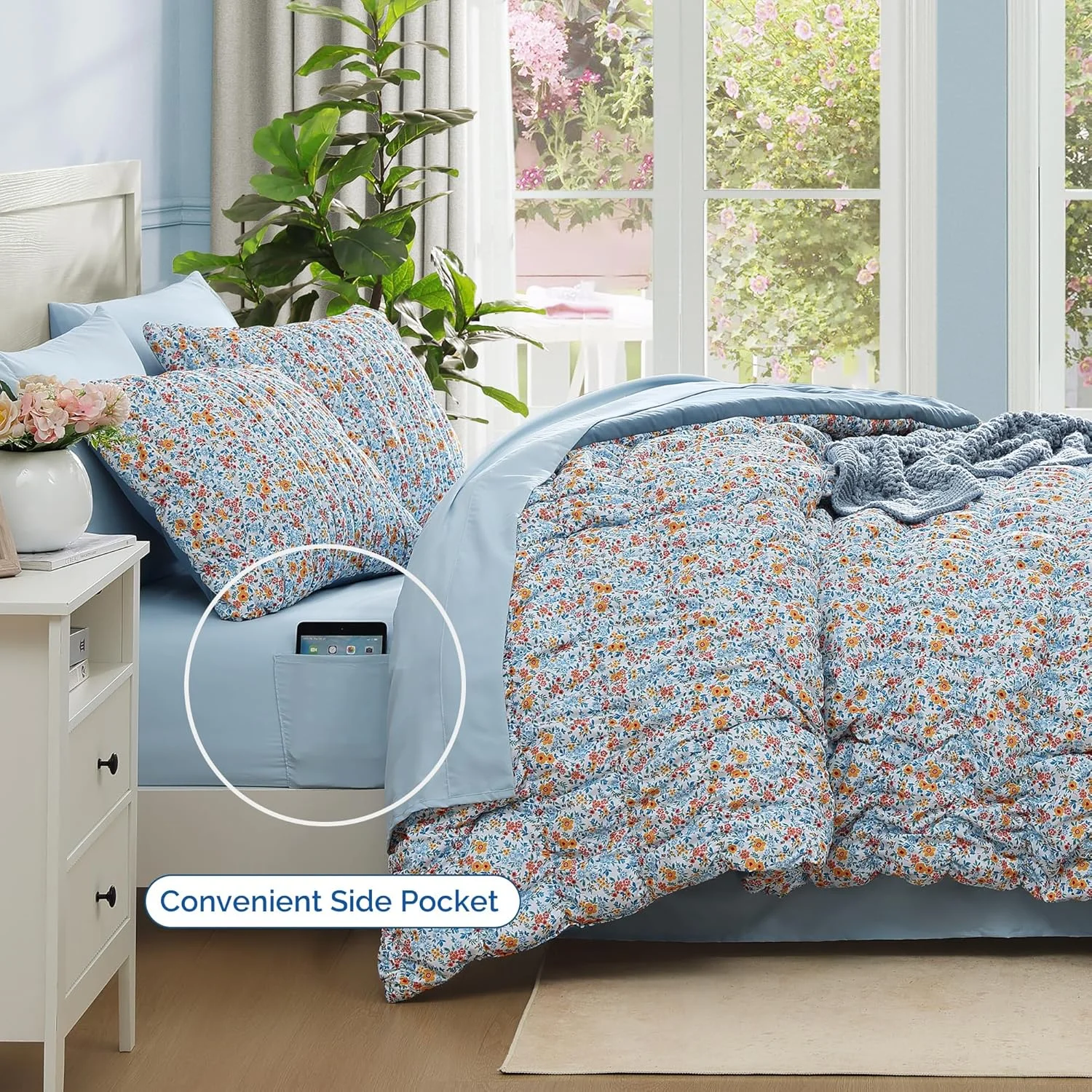 7 Pieces Blue Classic Puff Floral Bedding Sets for All Seasons, Shabby Chic Farmhouse Bed in a Bag Queen with Wildflowers Fluffy Comforter, Sheets, Pillowcases & Shams