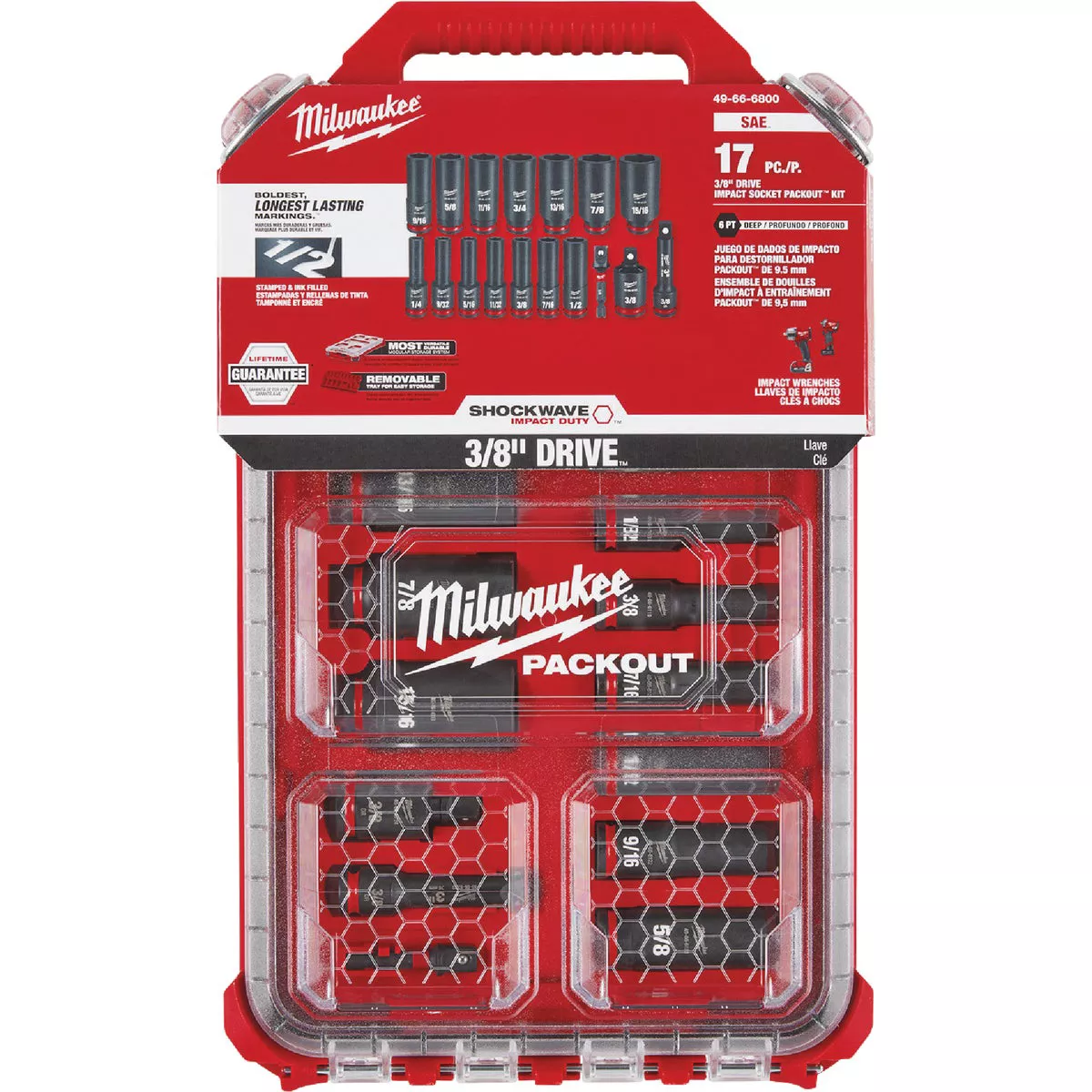 Milwaukee SHOCKWAVE Standard 3/8 In. Drive 6-Point Deep Impact Driver Set with PACKOUT Organizer (17-Piece)