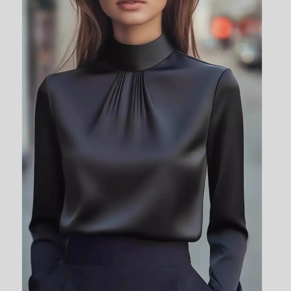 Mock Neck Long Sleeve Blouse with Pleated Detail - ZKZOOK