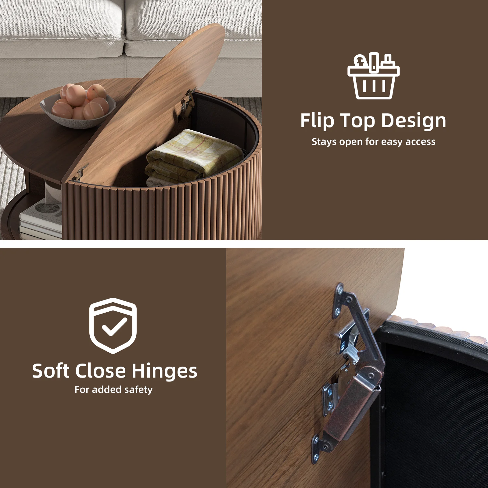 JOINICE Round Coffee Table with Storage and Sliding Door,Mid Century Modern Wooden Center Table,for Living Room,Walnut - Image 4