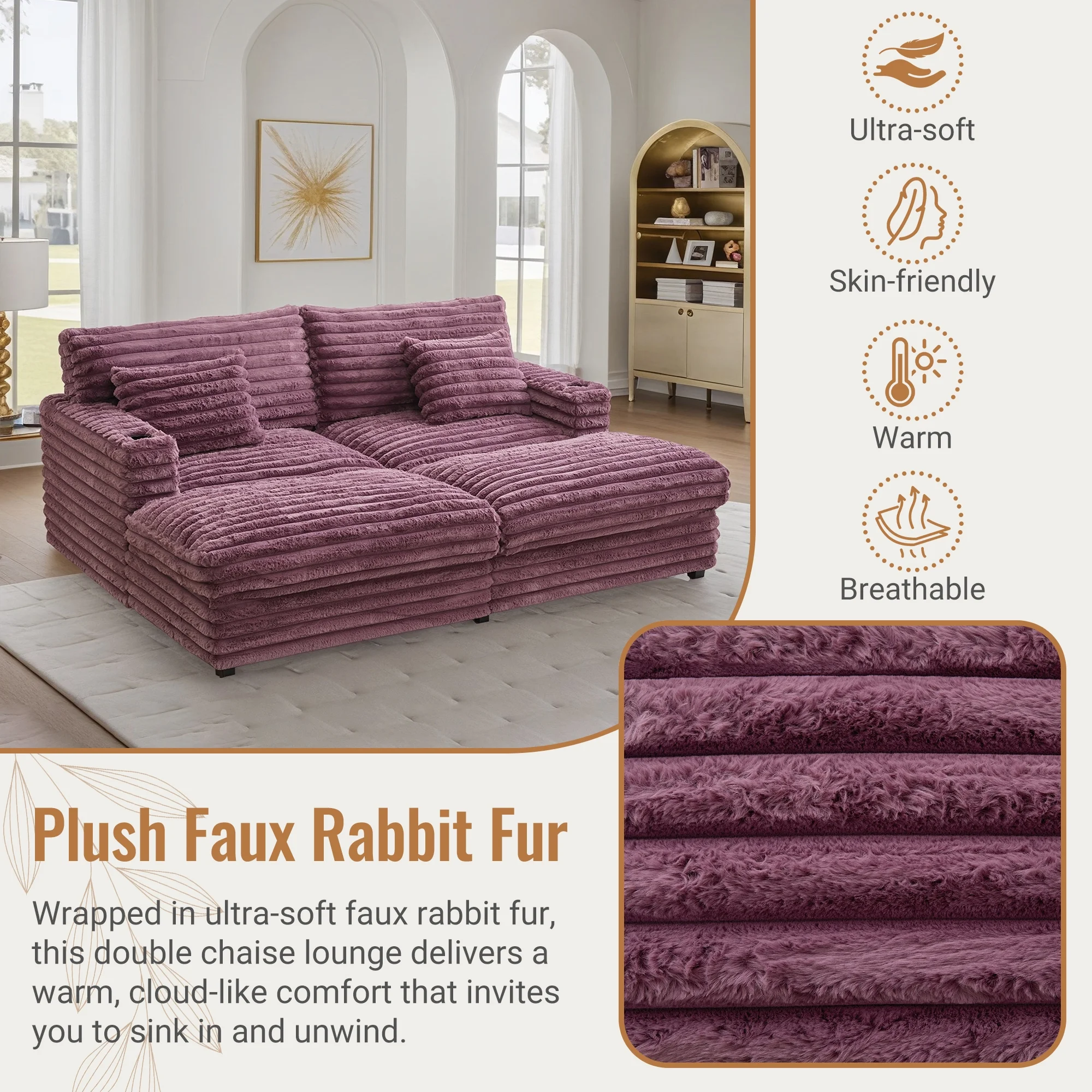 Oversized Double Chaise Lounge, Faux Fur Upholstered Deep Seat Sofa with 2 Pillows, 2 Cupholders, and Dual USB Ports - Image 4