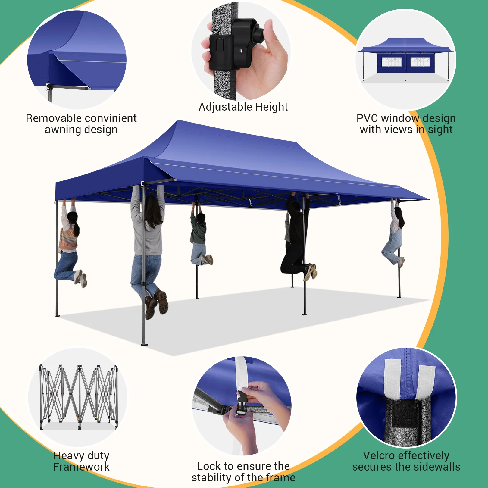 COBIZI 10x20 Pop Up Canopy Heavy Duty Party Tent with Removable Awning and Sidewalls,Easy Up Outdoor Wedding Canopy,Gazebo All Season Windproof&Waterproof with Roller Bag UPF 50+,Black - Image 30