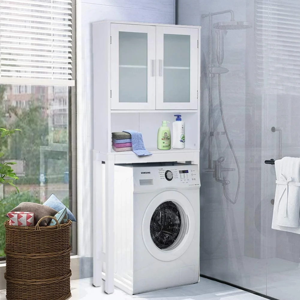 Giantex Wooden Over The Toilet Storage Cabinet, Home Bathroom Space Saver, Double Doors, Adjustable Shelf Organizer, Open Storage Shelf, Freestanding Toilet Storage Rack Unit