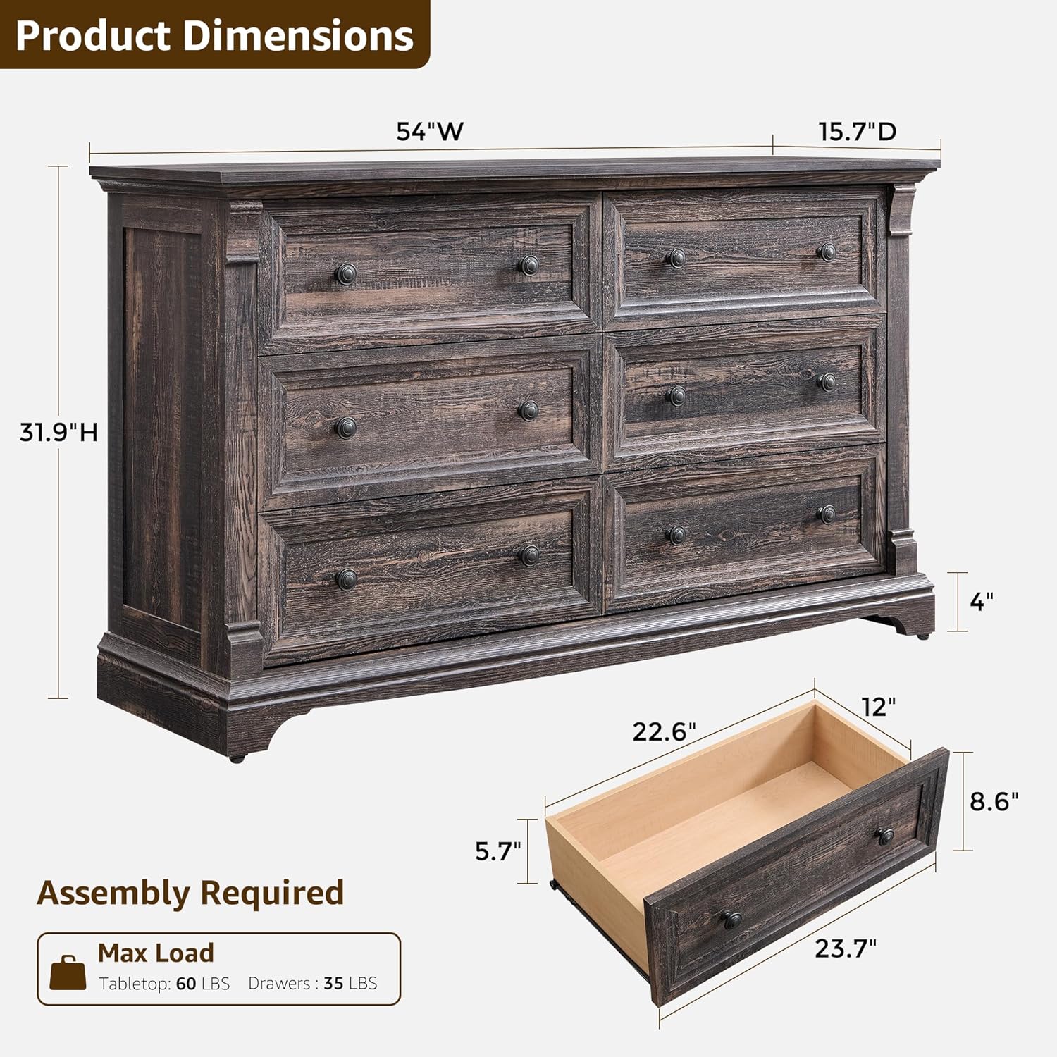 Farmhouse 6 Drawers Dresser for Bedroom, 54