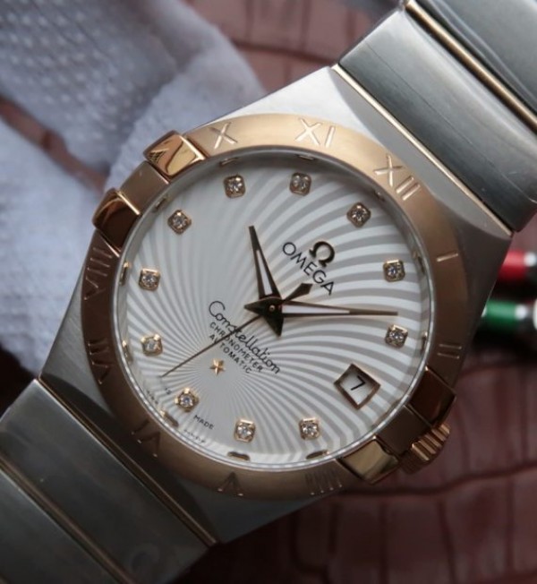 Replica Omega V6 Constellation 35mm YG Bezel White Textured Dial SS Bracelet A2500 - Elite Watch Atelier