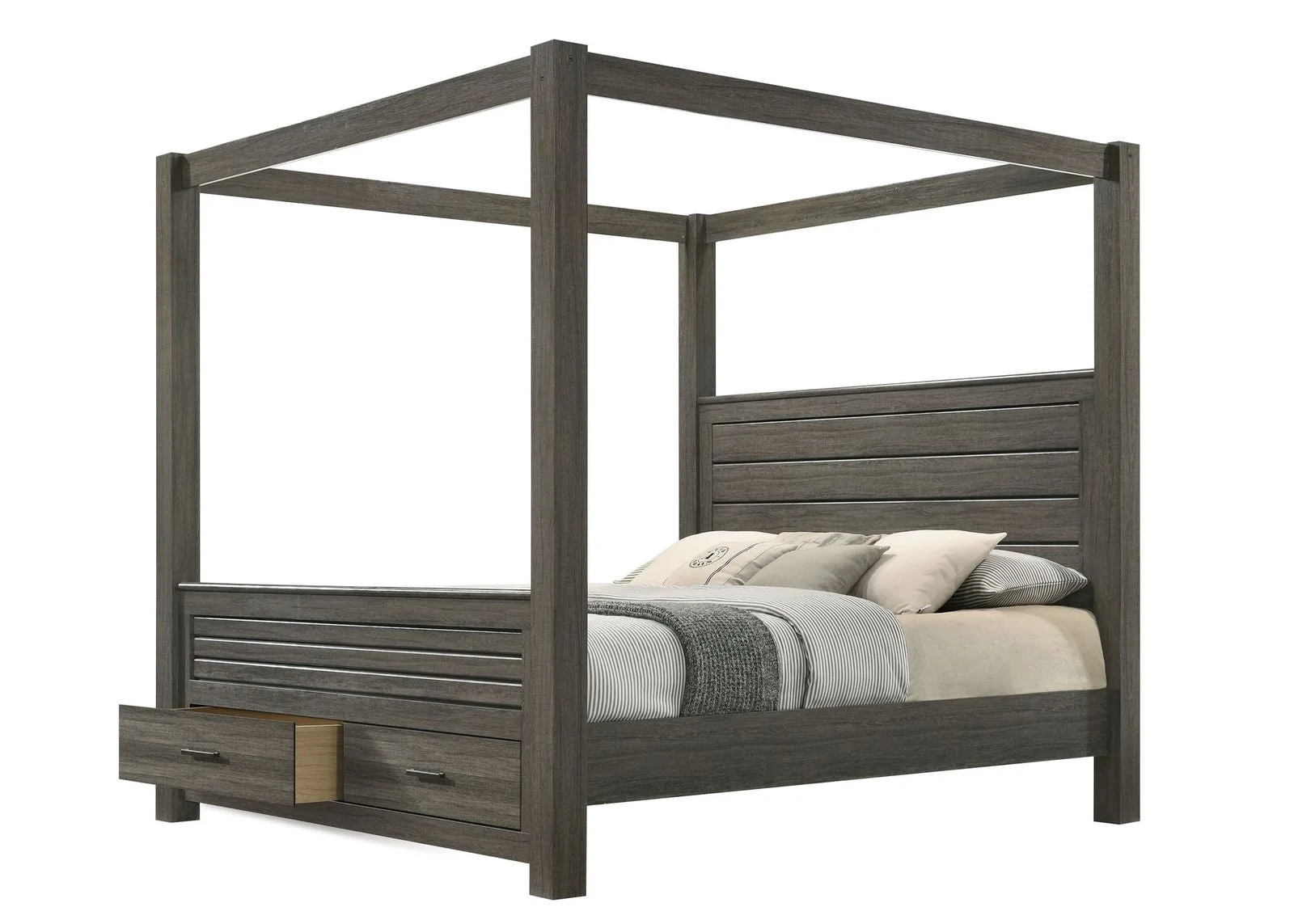 3Pc King Canopy Storage Bed 2x Nightstand Set Bedroom Furniture Gray