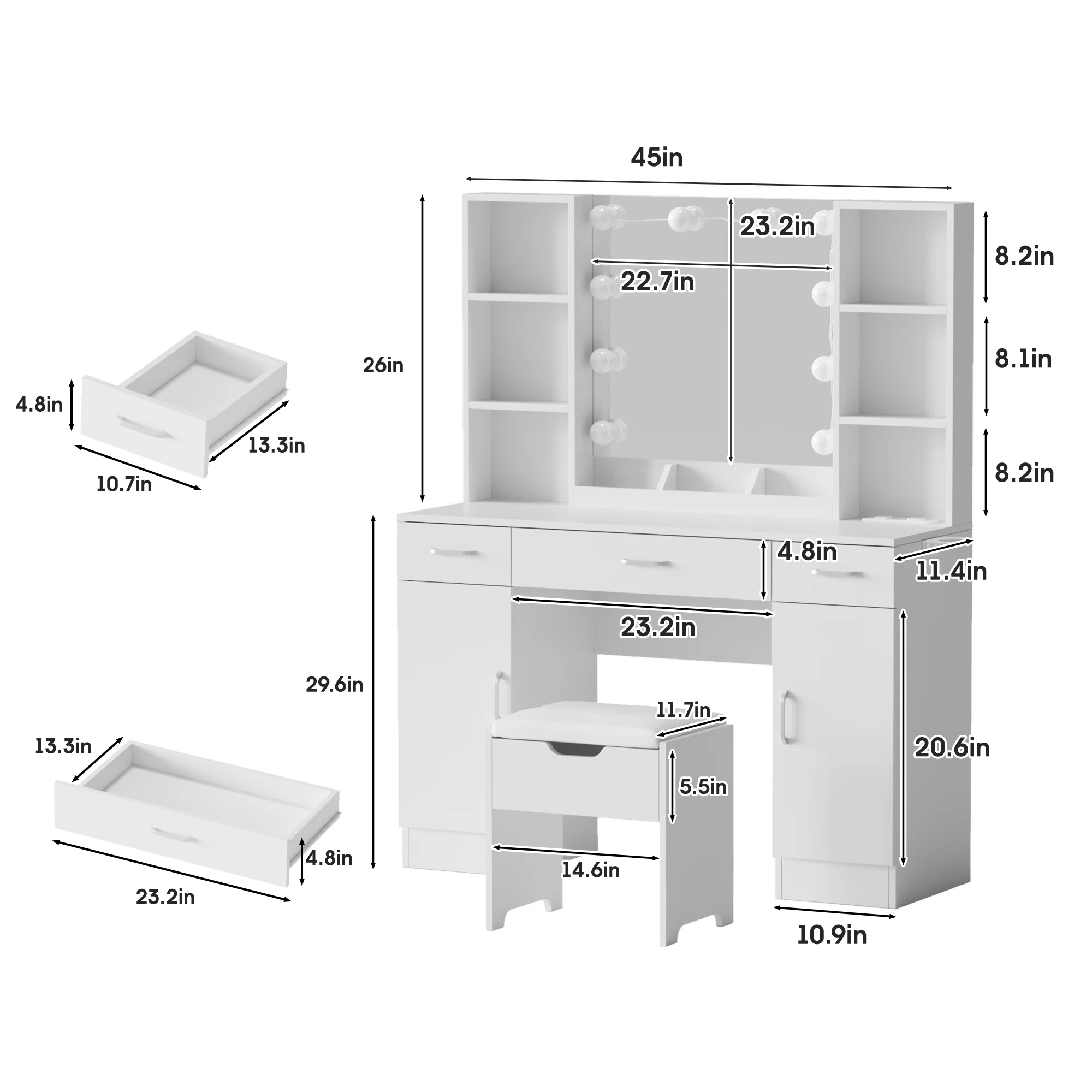 VEANERWOOD Large Makeup Vanity Set with Light Modern Makeup Vanity Table with Storage and Adjustable Lighting Colors for Bedroom 45.2in, White - Image 19