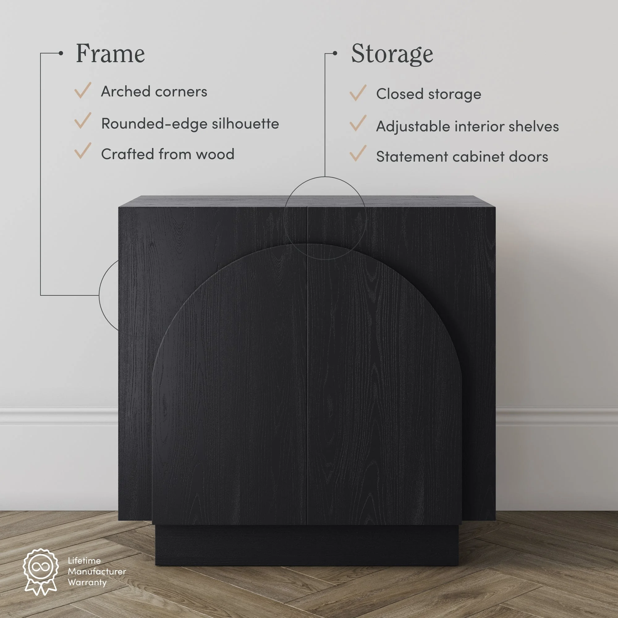 Nathan James Iris Mid-Century Modern Credenza, Black Sideboard Buffet, Living Room Wood Storage Cabinet with Arched Cabinet Doors, Black Credenza Cabinet for Kitchen or Living Room, Black Oak - Image 4