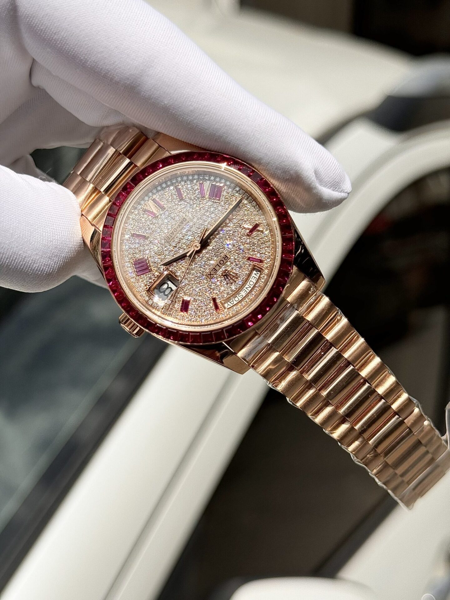 Rolex Best Replica Watch Day-Date Custom Ruby Red   Baguette Moissanite Diamonds GM Factory 40mm - Elite Watch Atelier