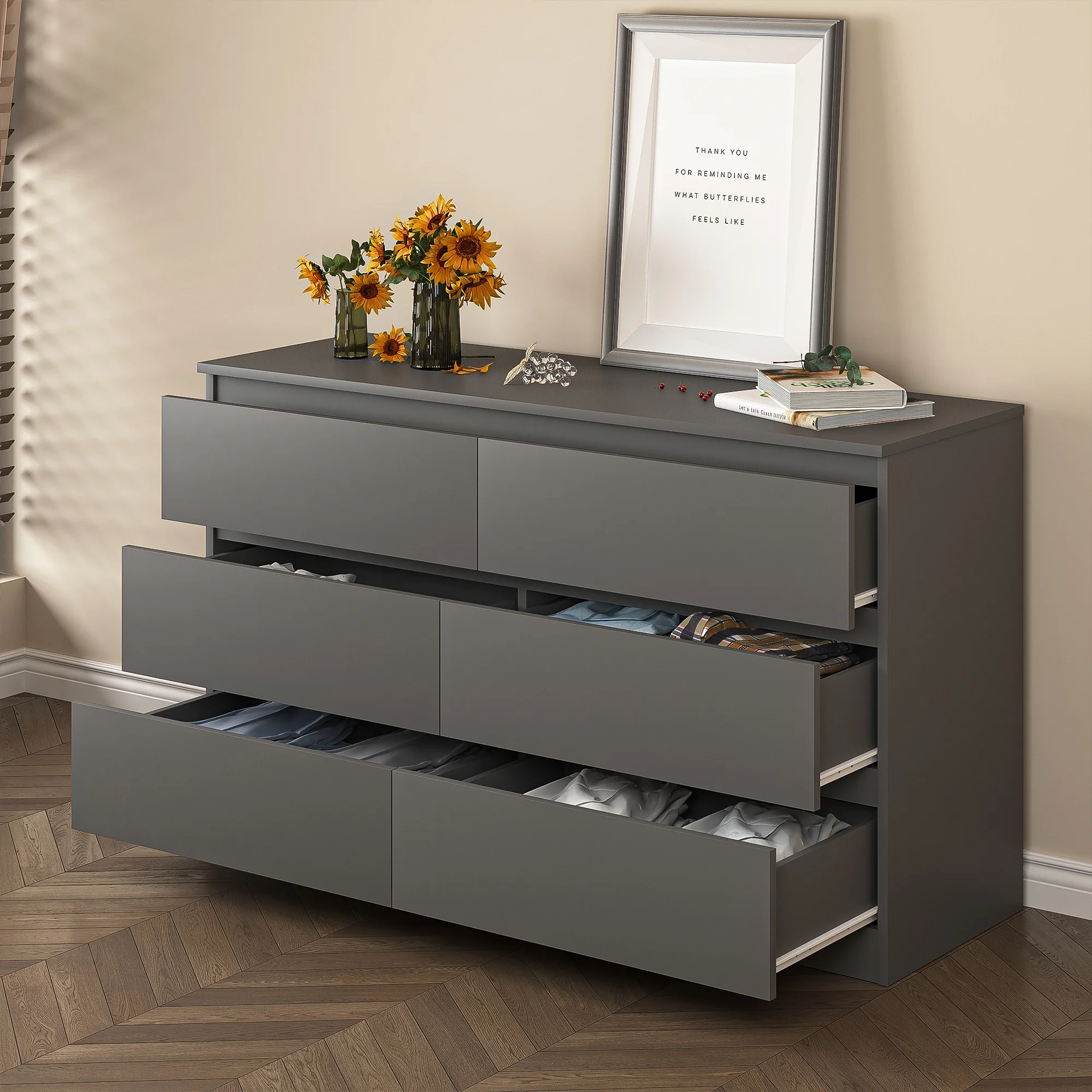 Kadyn White Chest of Drawer, 6 Double Drawer Dresser for Bedroom, Modern Storage Cabinet for Living Room, Dresser - Image 131