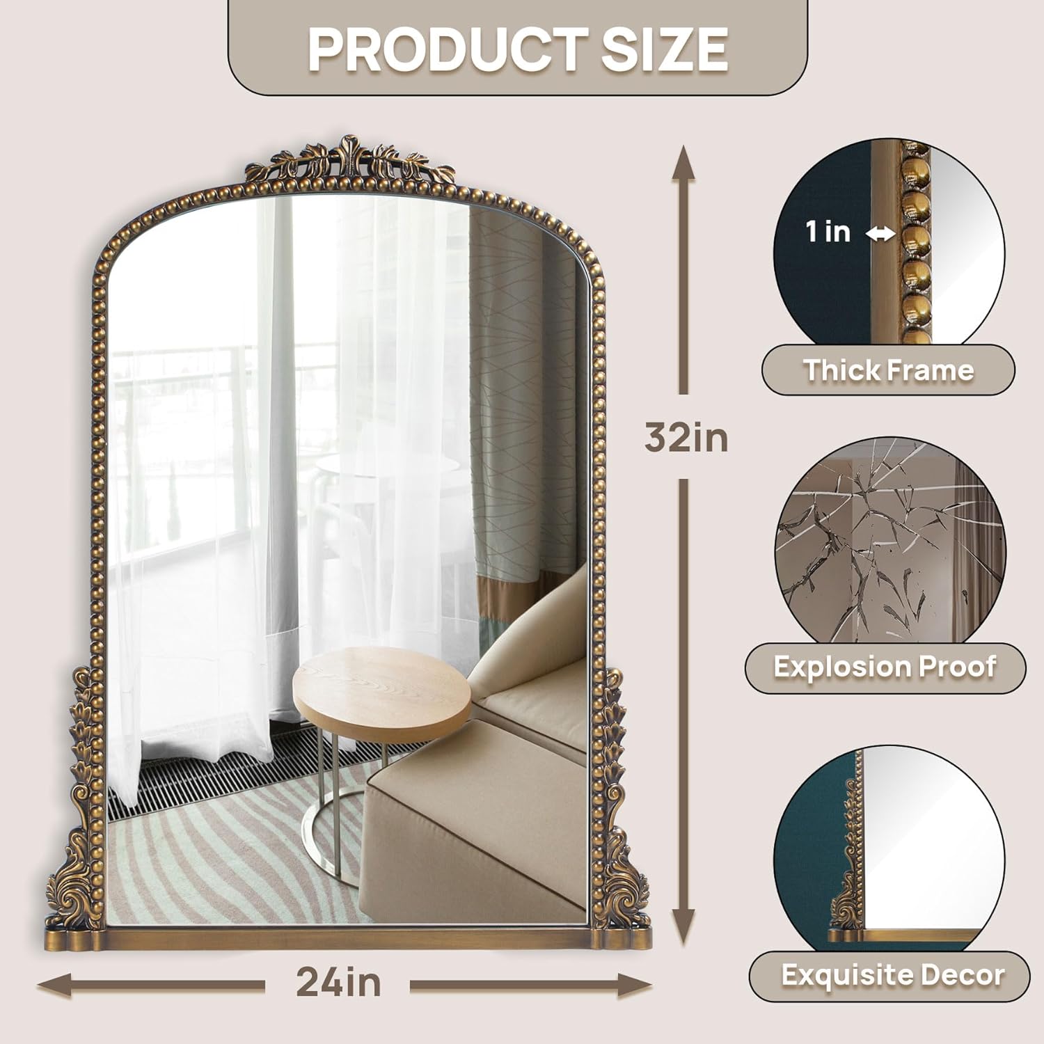 Vintage Baroque Arched Mirror - Traditional Ornate Antique Brass Wood Frame - 24
