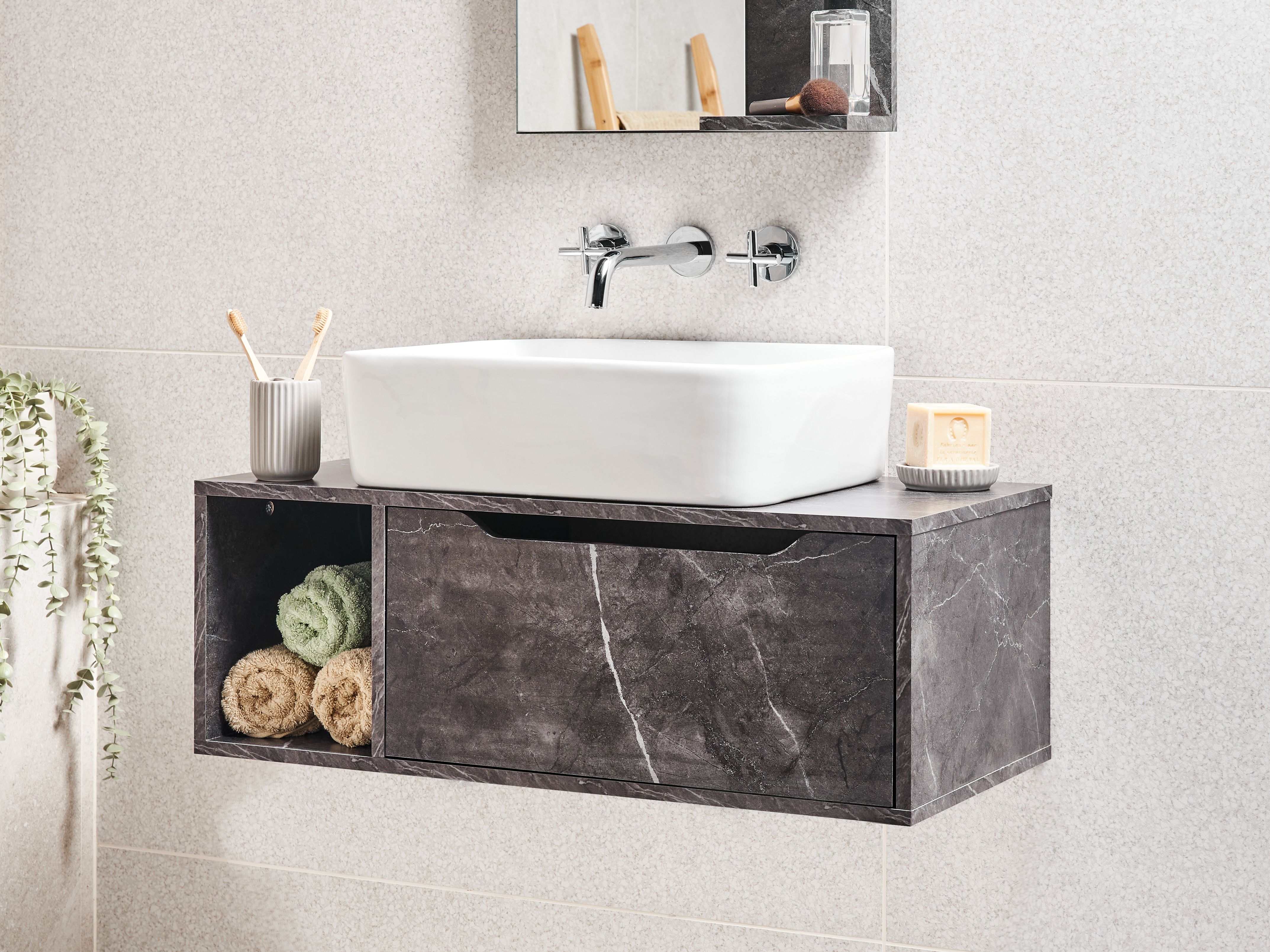 Wall Mounted Vanity Unit CASCAVEL 80 cm Black Marble