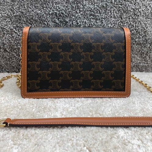 CELINE MAILLON TRIOMPHE Logo Printed Sheepskin Chain Wallet Yellow brown color