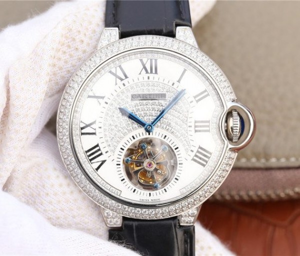 Replica Cartier Ballon Bleu de Cartier Tourbillon SS paved Diamonds Leather Strap - Top club