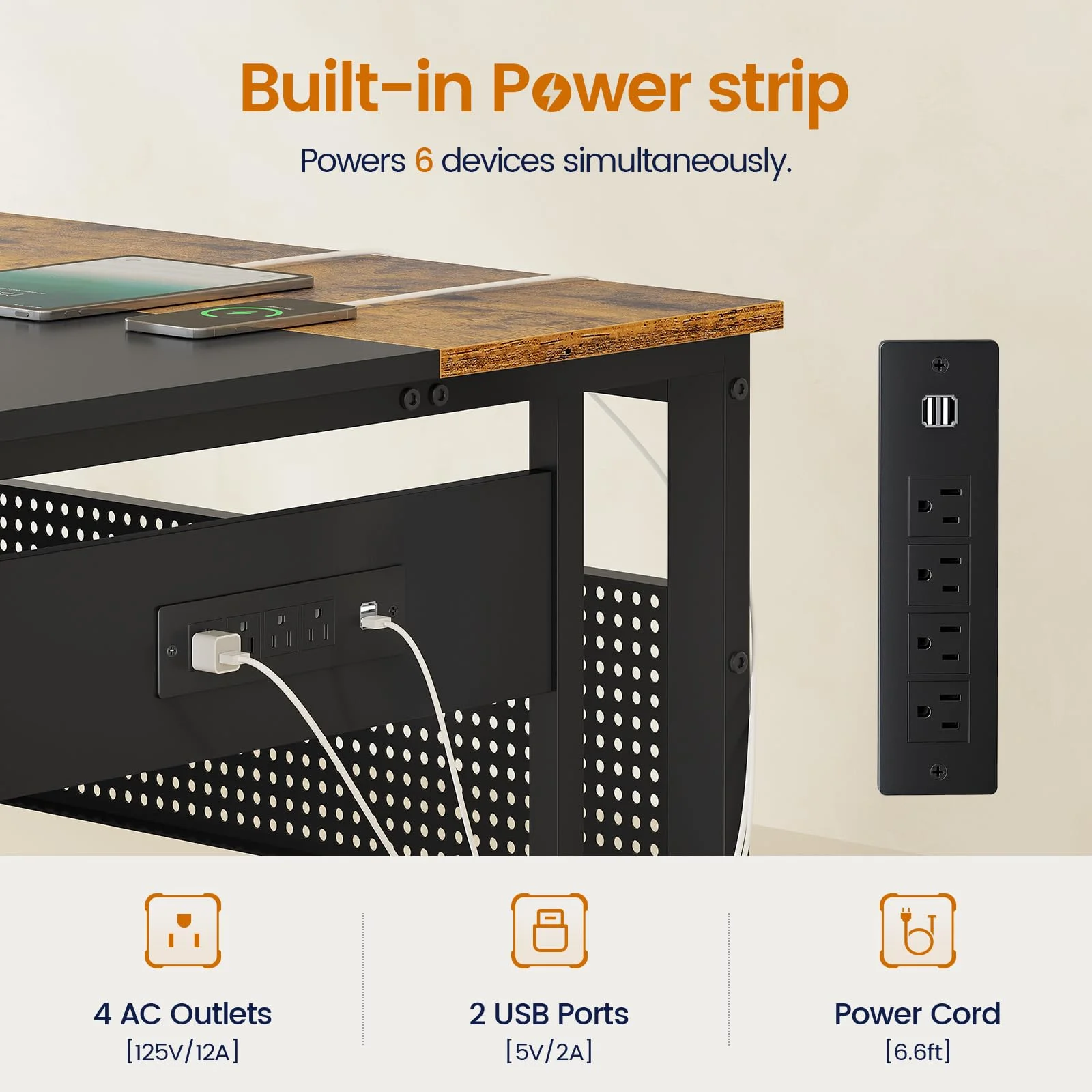 71" Executive Desk with Power Outlets, Modern L Shaped Office Desk with File Drawers and Pegboard, Large Computer Desk, Rustic Brown - Image 4