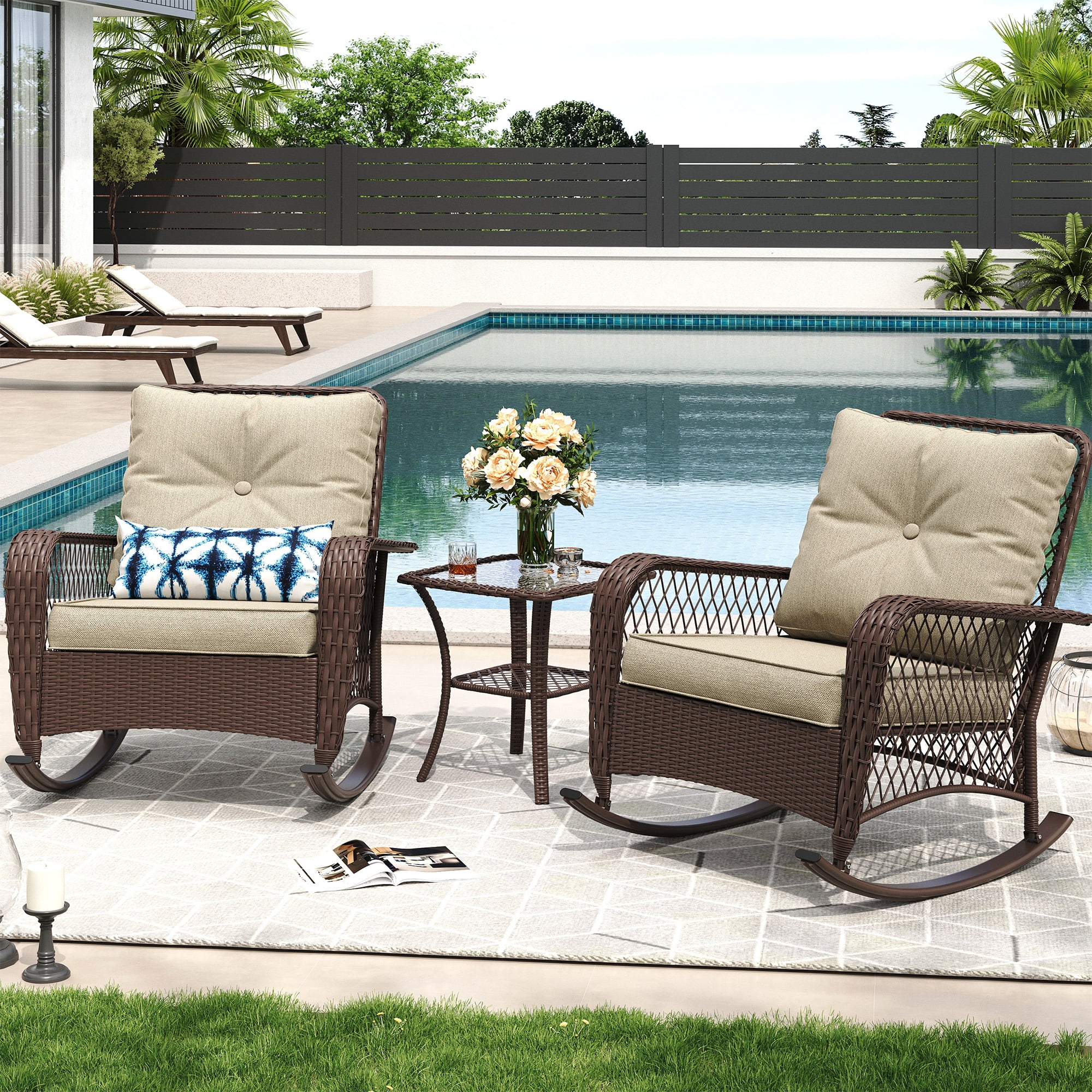 ELPOSUN 3-Piece Outdoor Rocking Chairs, Wicker Patio Furniture with Thickened Cushions and Table for Porch - Image 37