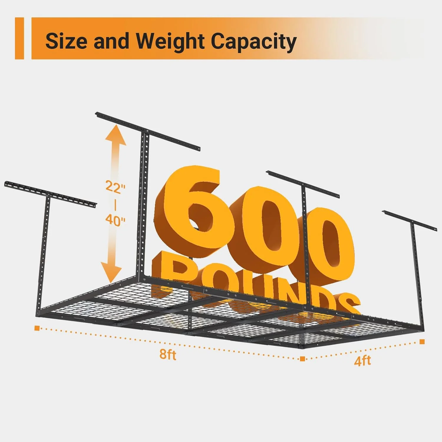 4ftx8ft Overhead Garage Storage Rack, Heavy-Duty Metal Garage Ceiling Storage Rack, 22''-40