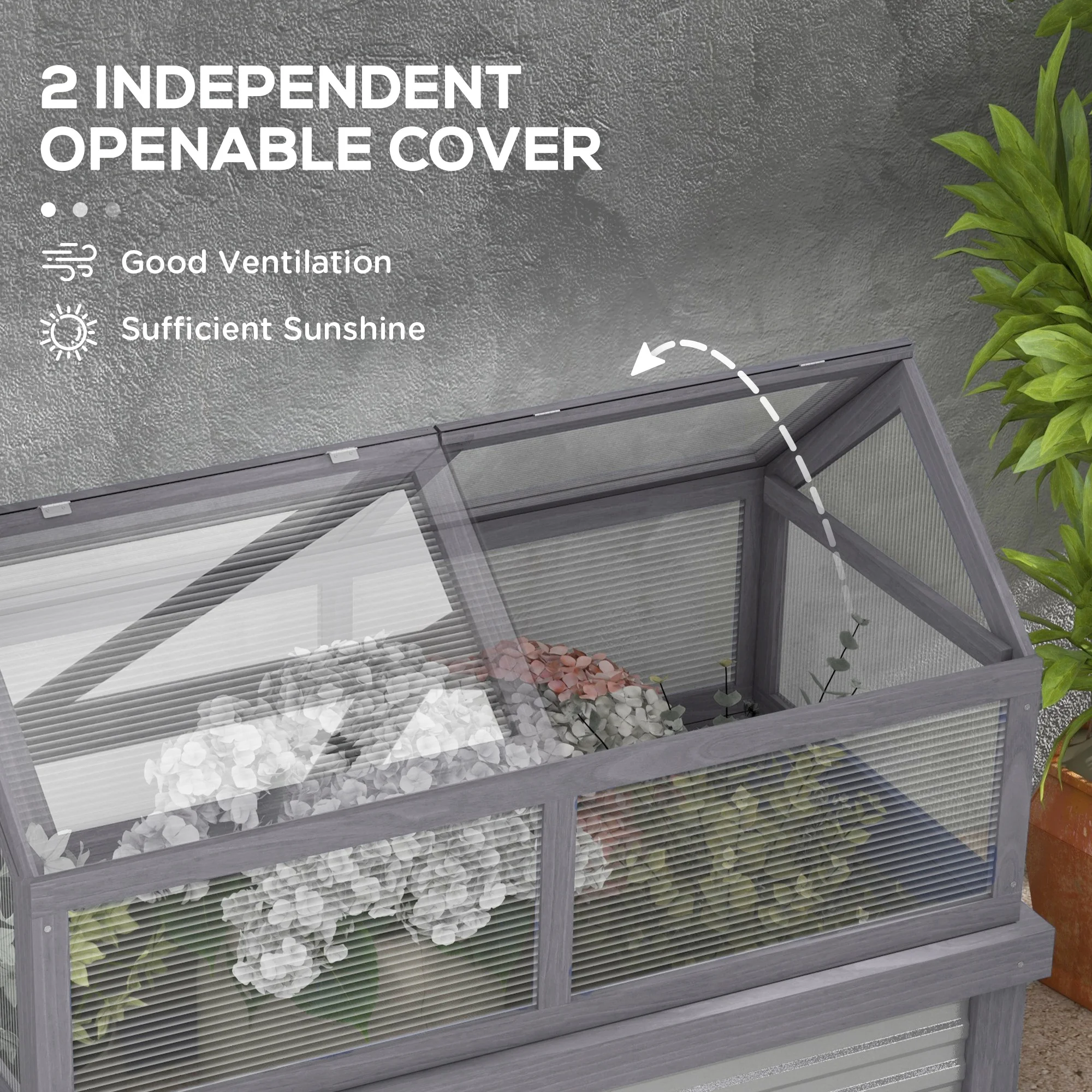 Outsunny Raised Garden Bed with Polycarbonate Greenhouse, Wooden Garden Cold Frame Greenhouse, Flower Planter Protection, 48" x 24" x 32", Natural - Image 16