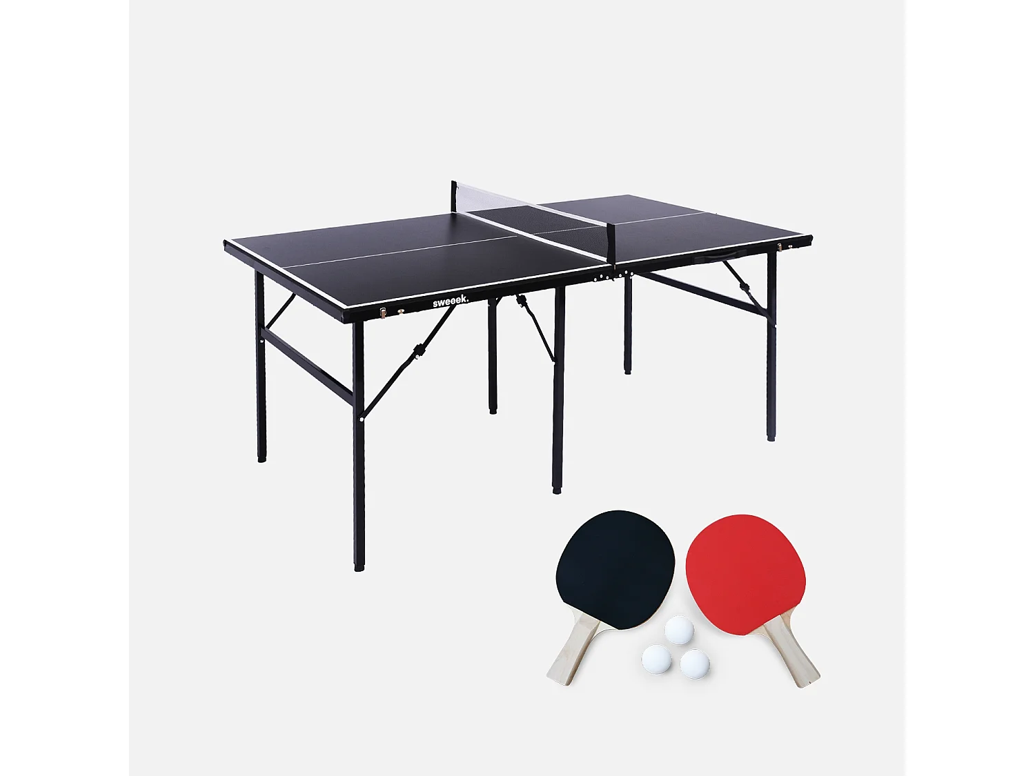 Table de ping pong d'intérieur médium. noir.  avec 2 raquettes et 3 balles