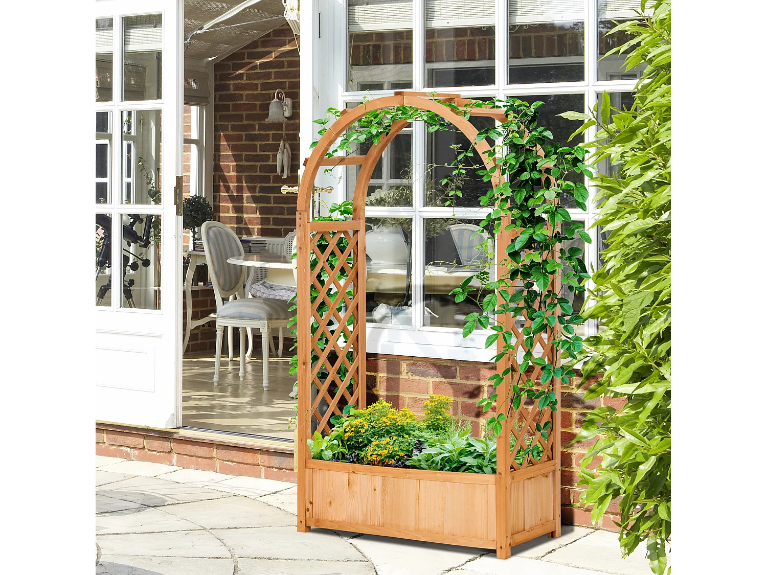 Jardinière avec treillis et arche - bac à fleurs - jardinière sur pied - dim. 83L x 36l x 152H cm - bois sapin pré-huilé