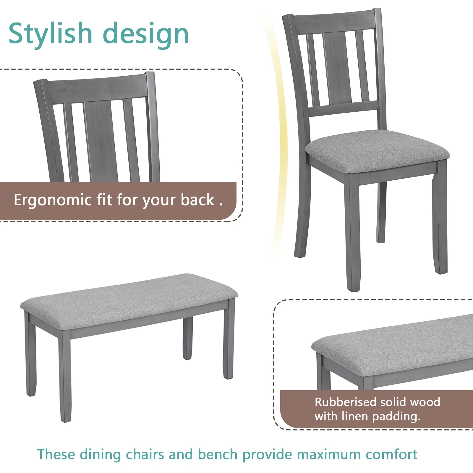 Dining Room Set, LEGAHOME 6 Piece Dining Sets with Bench and Chairs, Solid Wood Kitchen Dining Table Set for 6 with Upholstered Chairs, Gray - Image 6